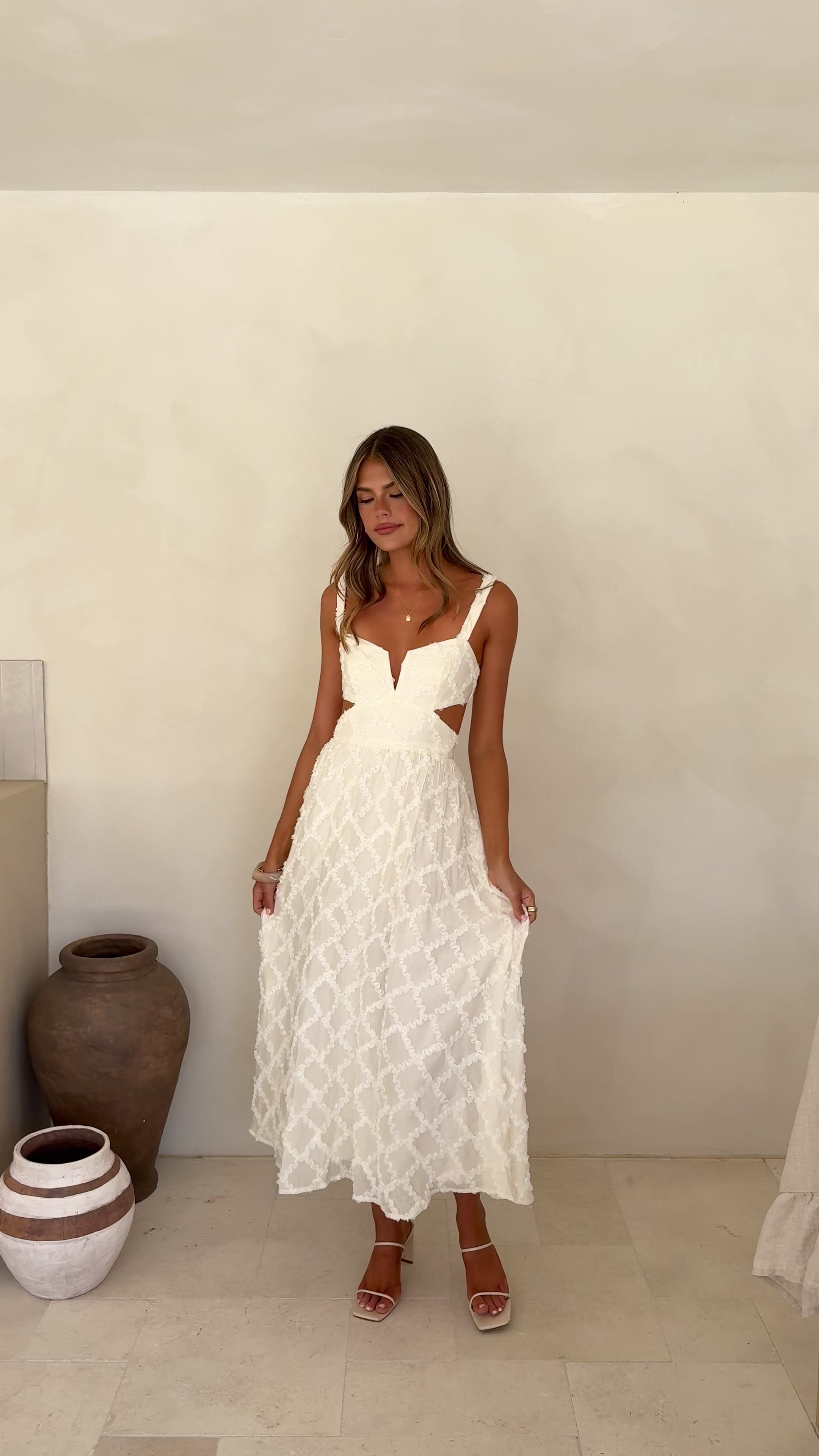 Load video: Jenny Side Cut Midi Dress - Cream - Billy J