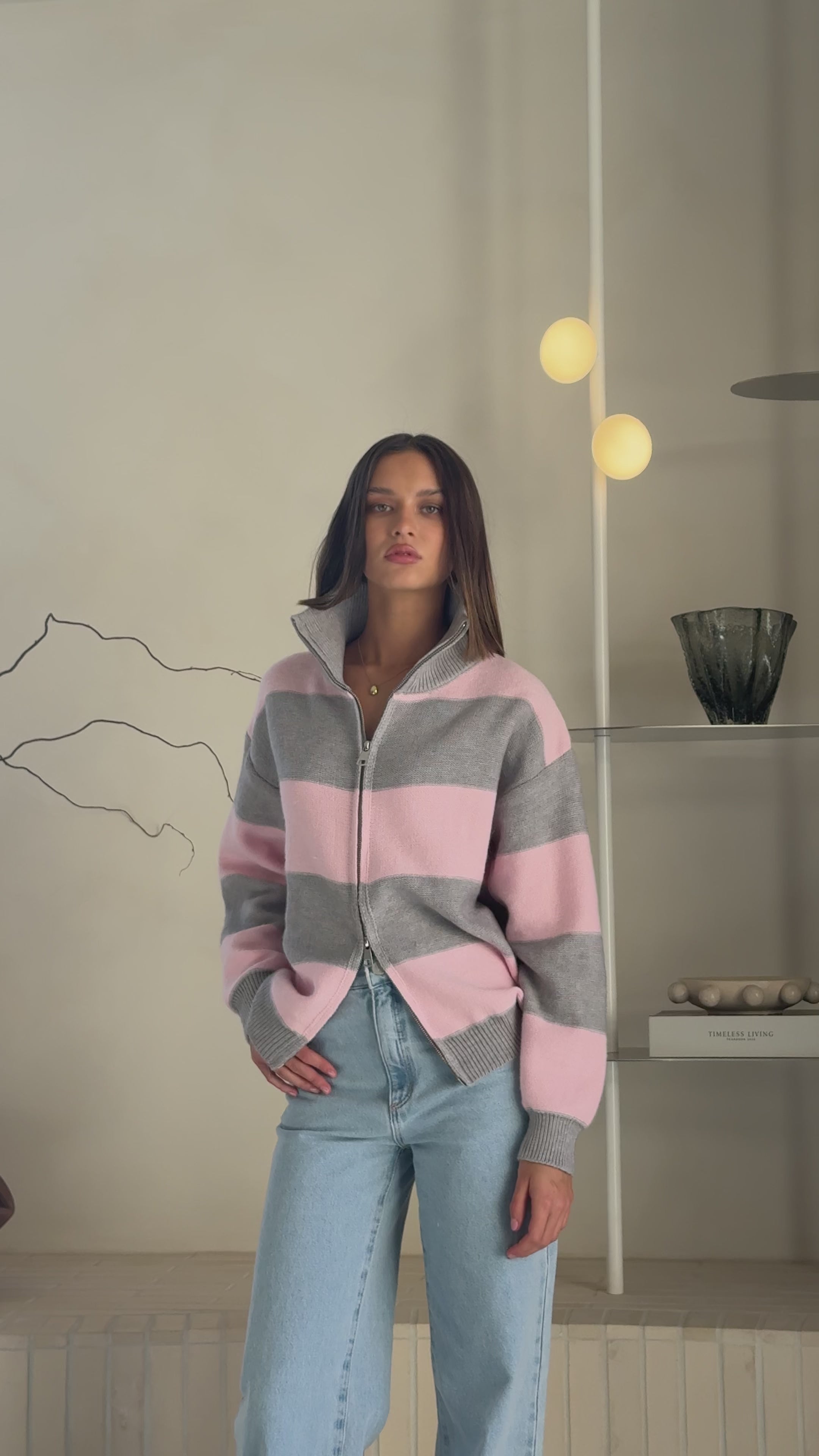 Load video: Tyla Zip-Up Sweater - Pink/Grey Stripe - Billy J