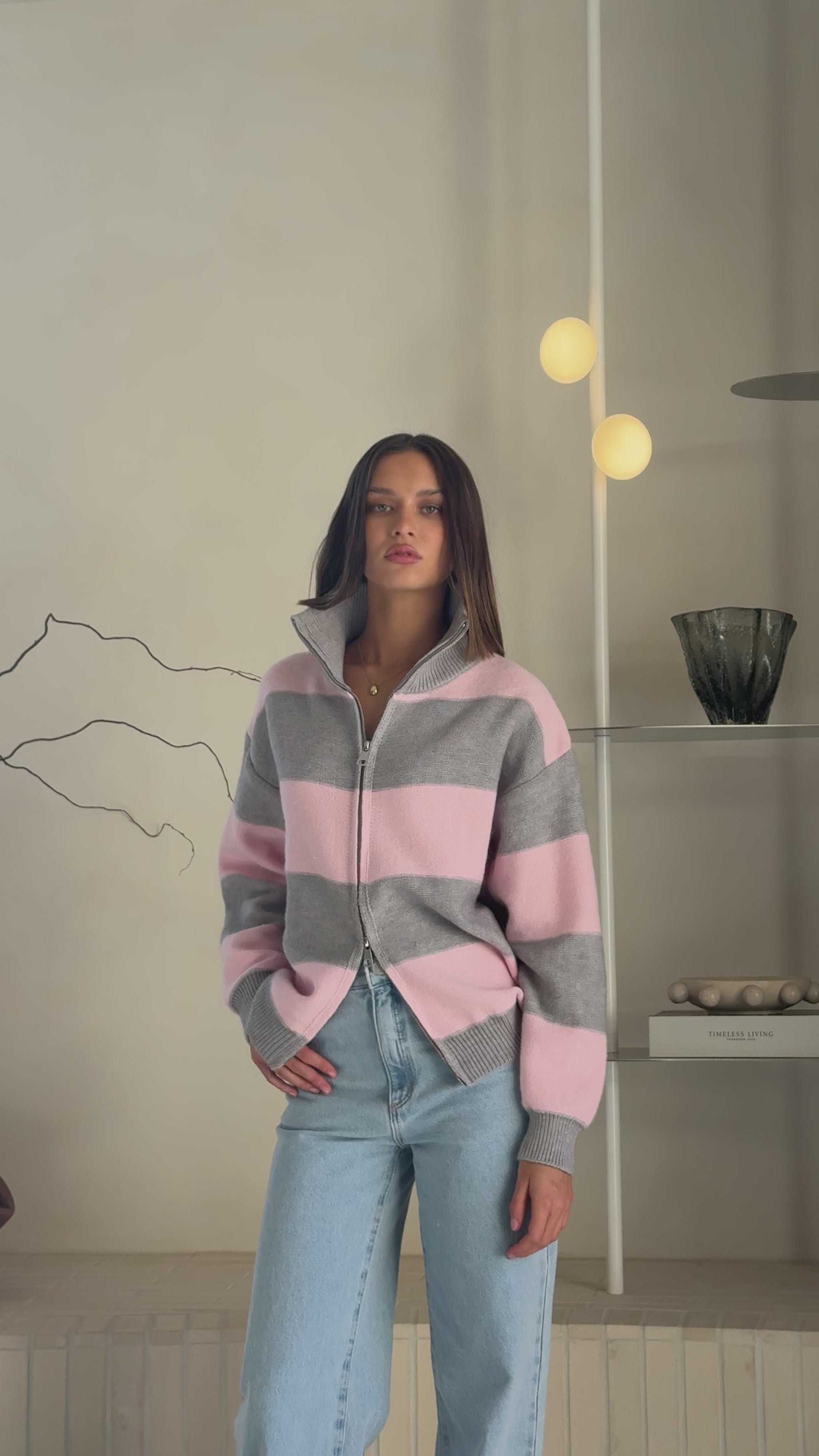 Tyla Zip-Up Sweater - Pink/Grey Stripe - Billy J