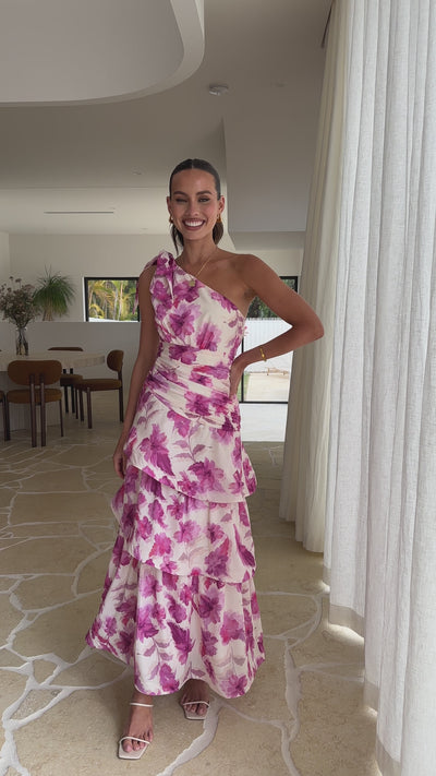 Load and play video in Gallery viewer, Odilie One Shoulder Maxi Dress - Pink Floral
