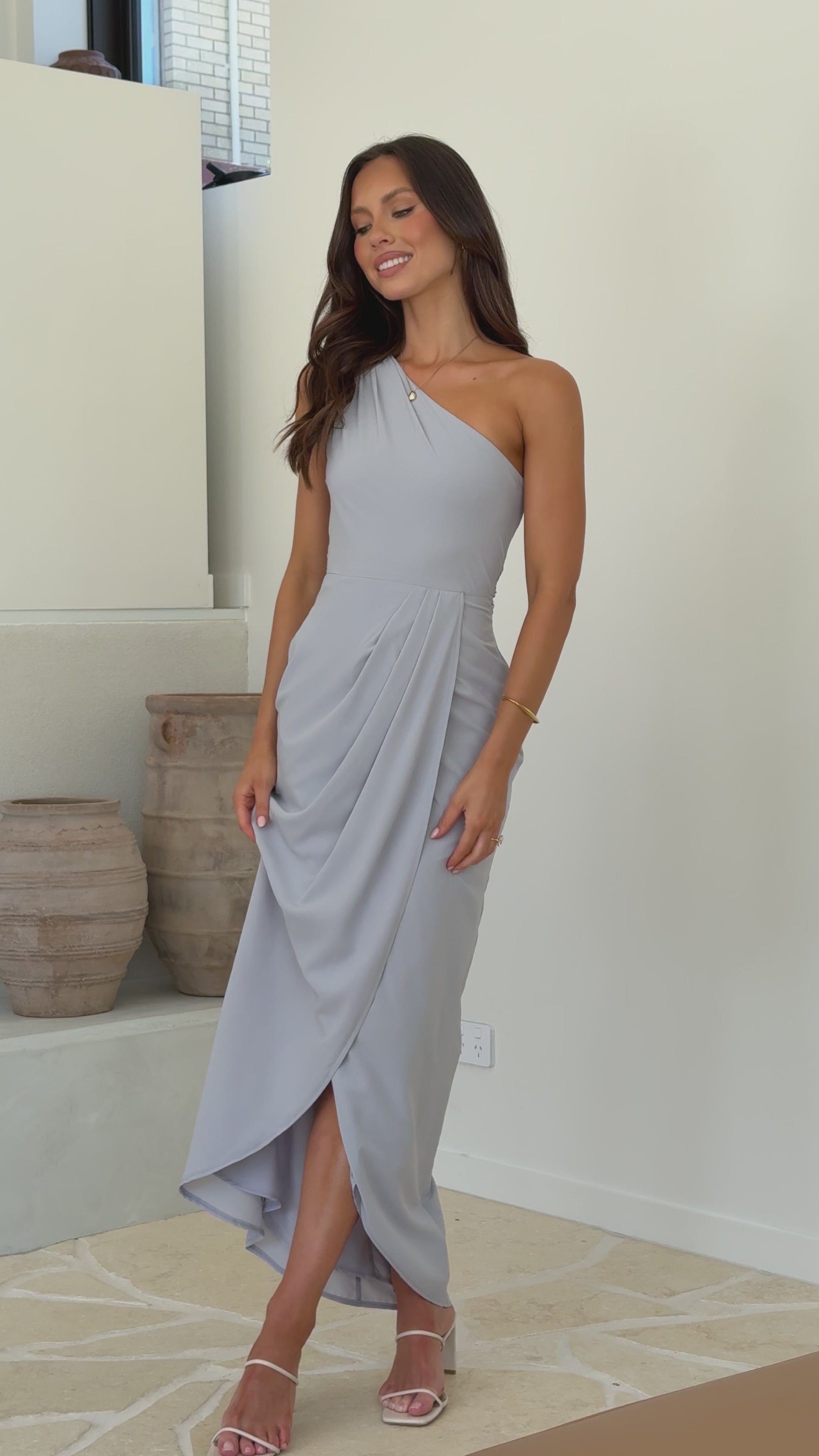 Clara One Shoulder Maxi Dress - Silver - Billy J