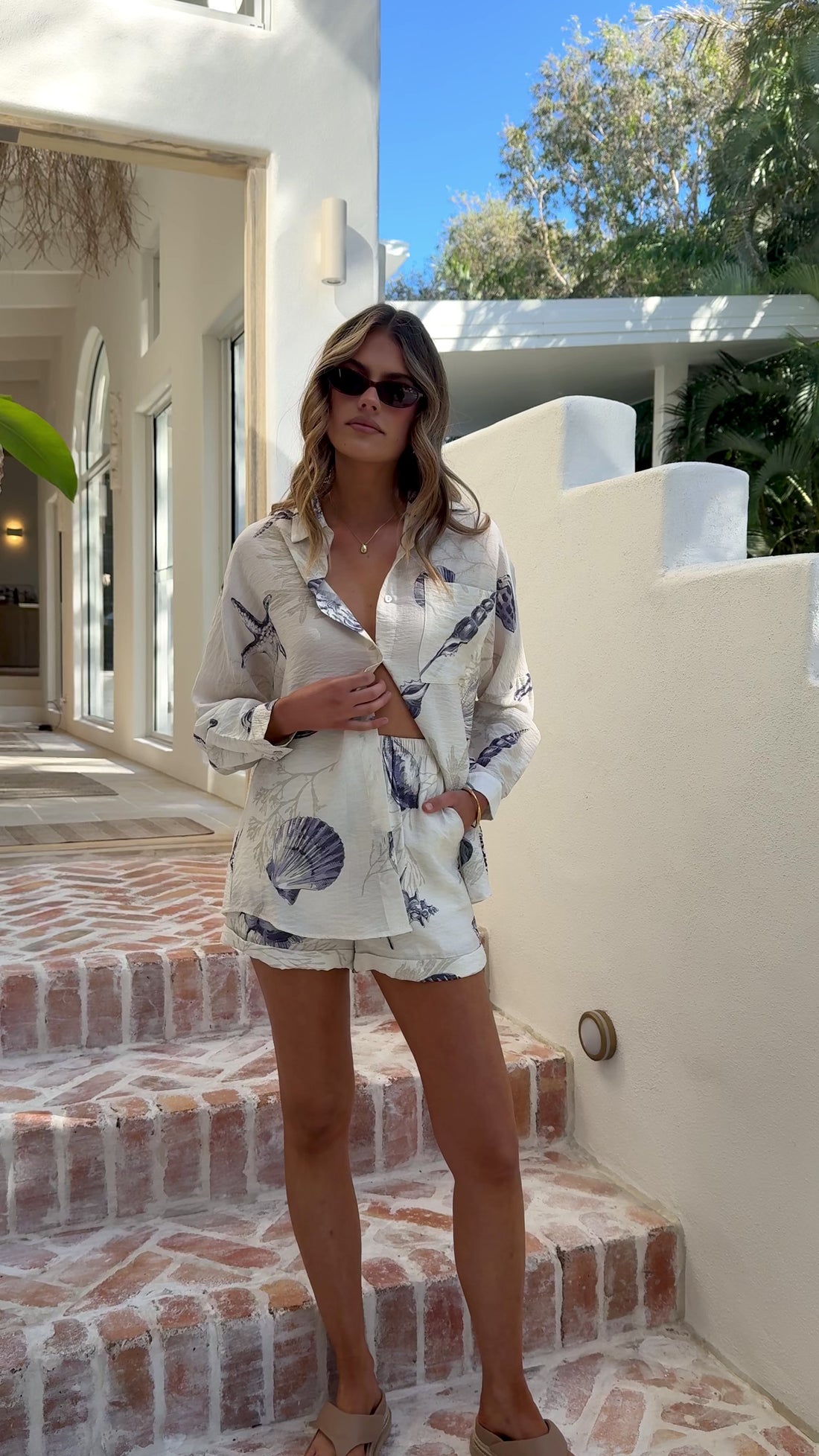 Candelaria Button Up Shirt and Shorts Set - Shell Print - Billy J