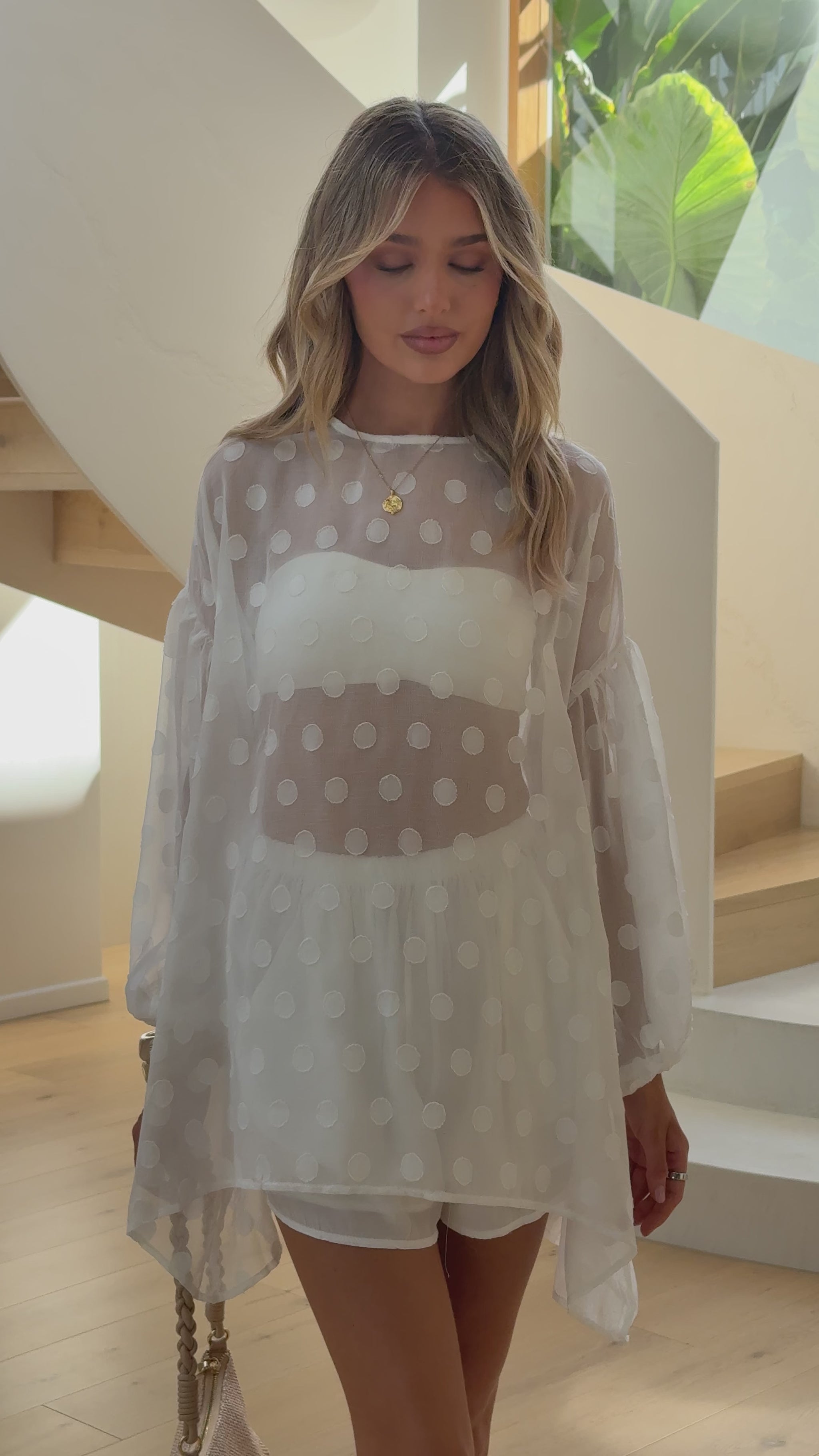 Kathleen Long Sleeve Semi Sheer Top and Shorts Set - White Spot - Billy J