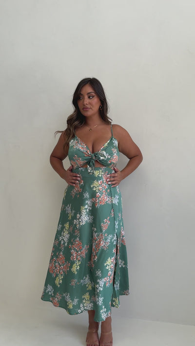 Load and play video in Gallery viewer, Dreamers Midi Dress - Green Floral
