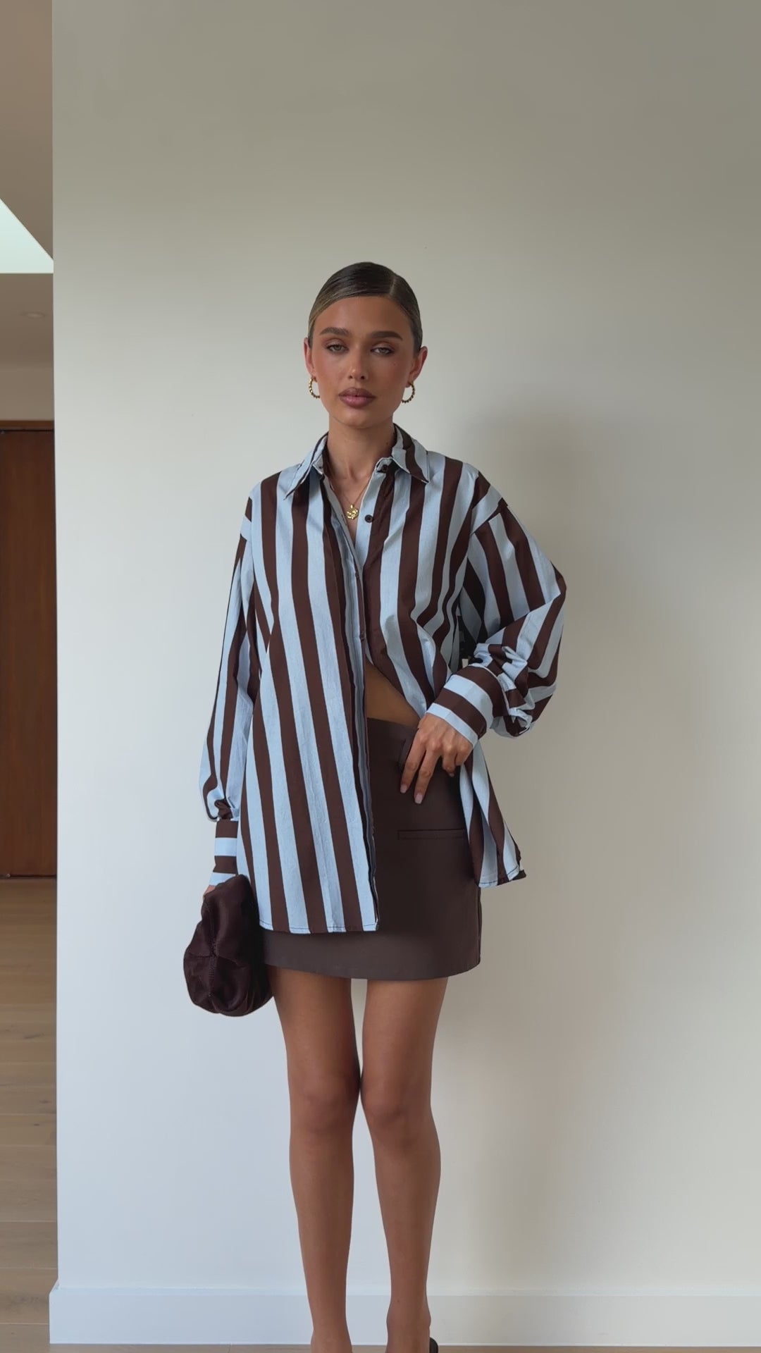 Load video: Florabel Button Up Shirt - Chocolate/Blue Stripe - Billy J