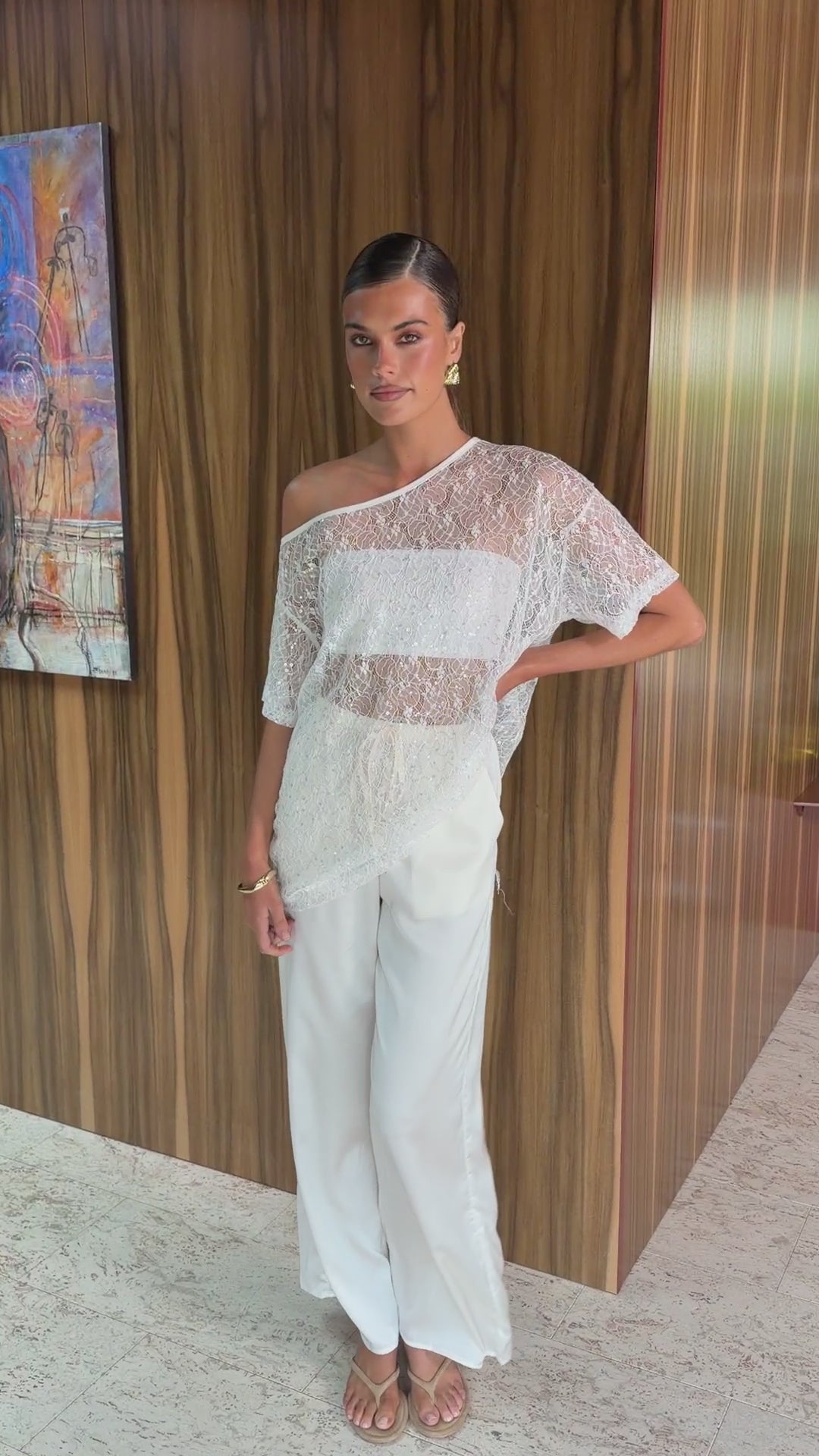 Helaine Off Shoulder Sequin Top and Satin Pants Set - White - Billy J