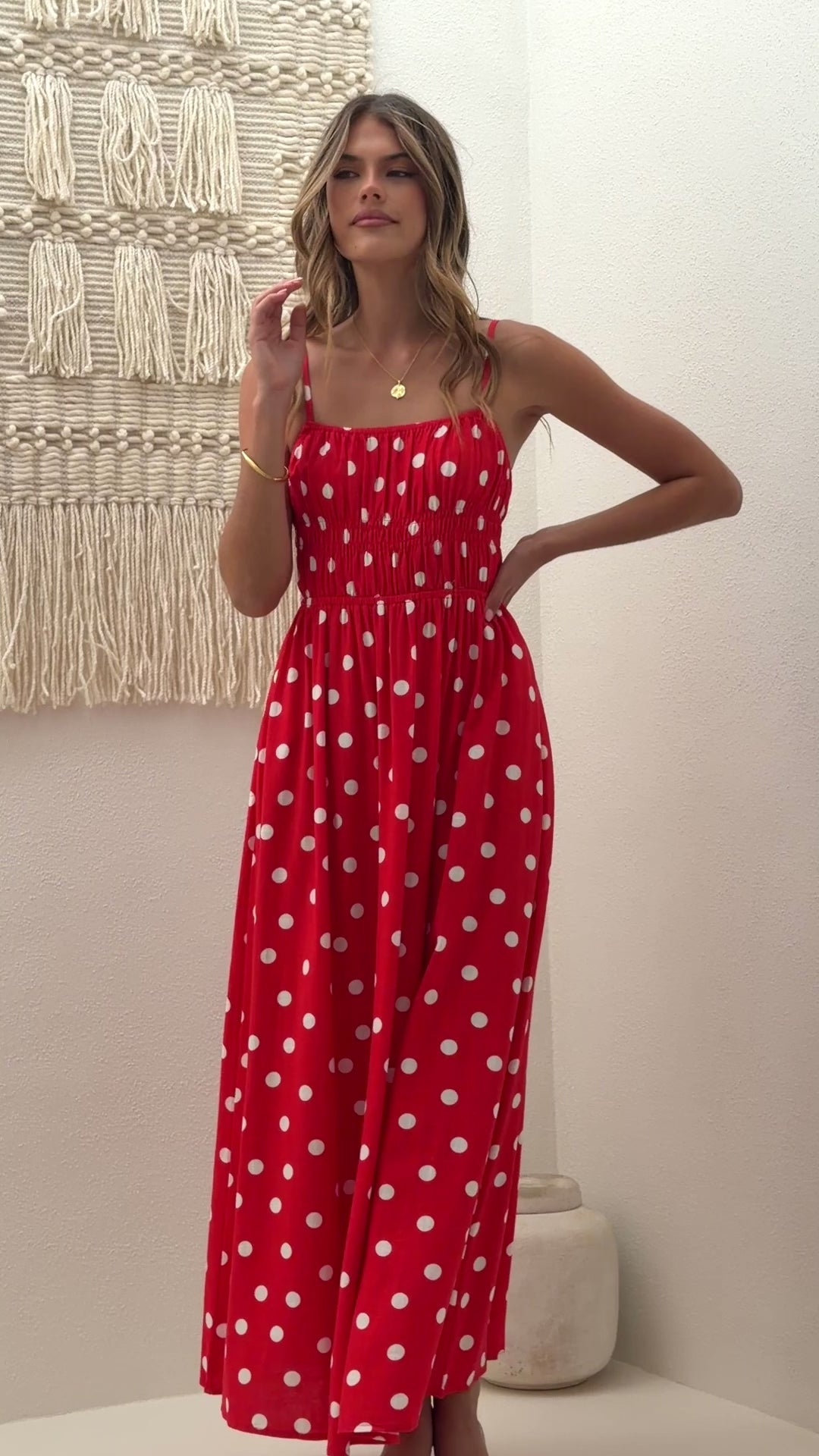 Load video: Solare Maxi Dress - Red/White Polka - Billy J