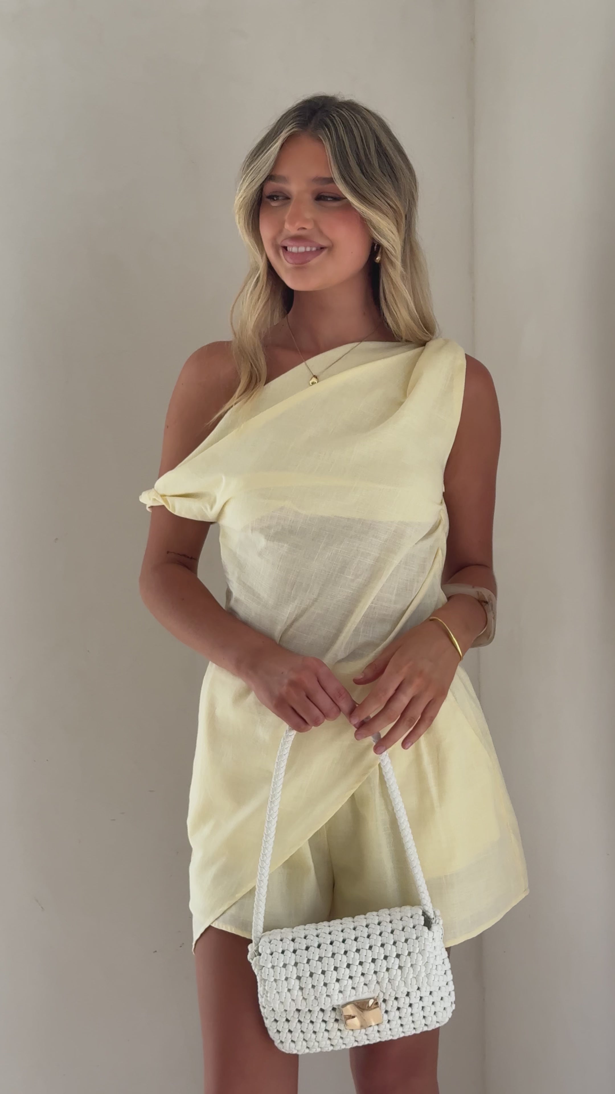 Load video: Liana Off Shoulder Top &amp; Shorts Set - Butter Yellow - Billy J