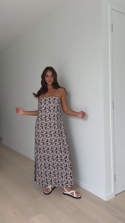 Load and play video in Gallery viewer, Phoebe Maxi Dress - Brown Lotus Print

