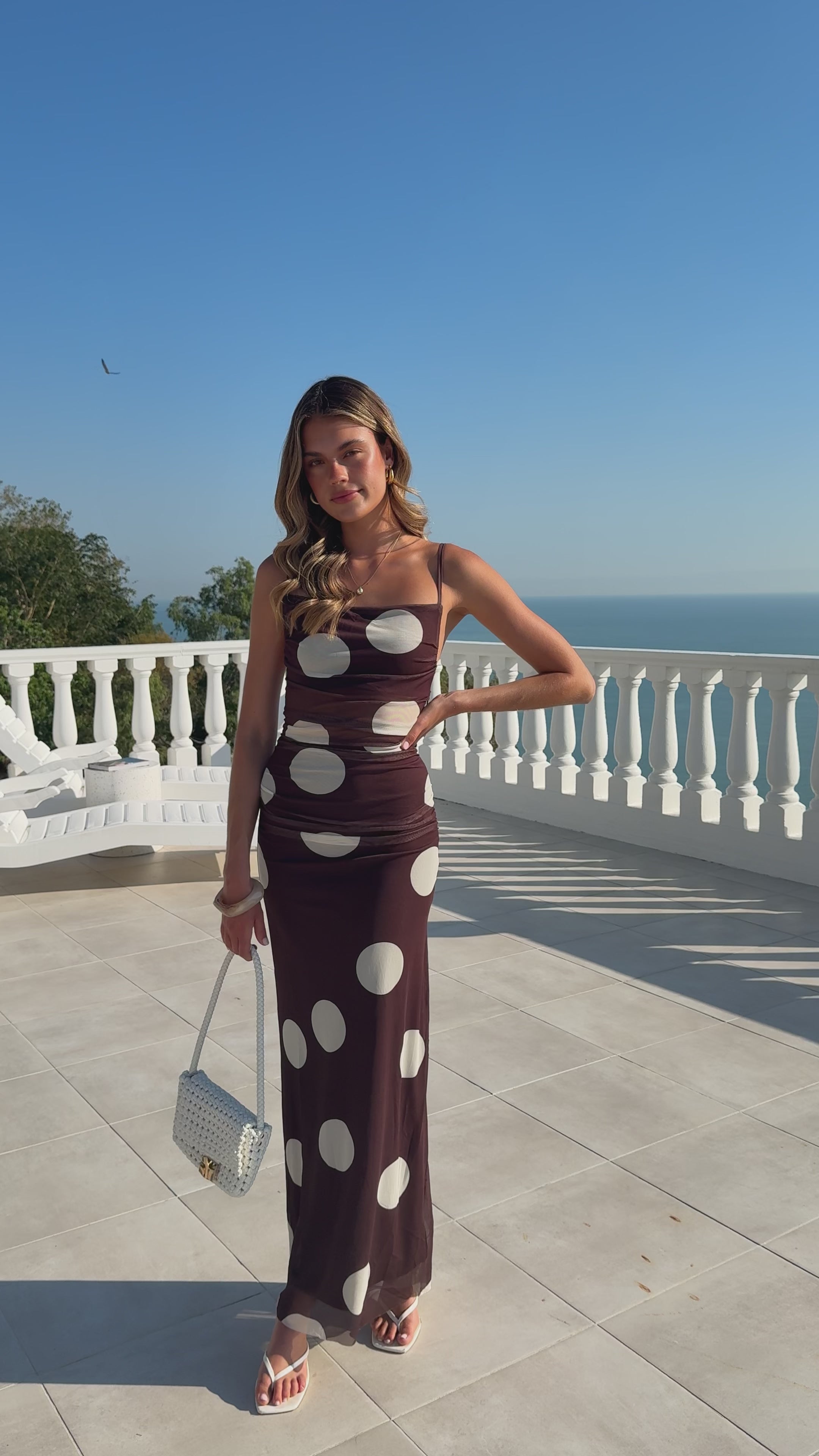 Load video: Blaine Maxi Dress - Chocolate/Beige Polka - Billy J