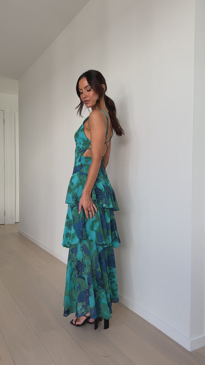 Load and play video in Gallery viewer, Sachiko Maxi Dress - Blue / Green Print
