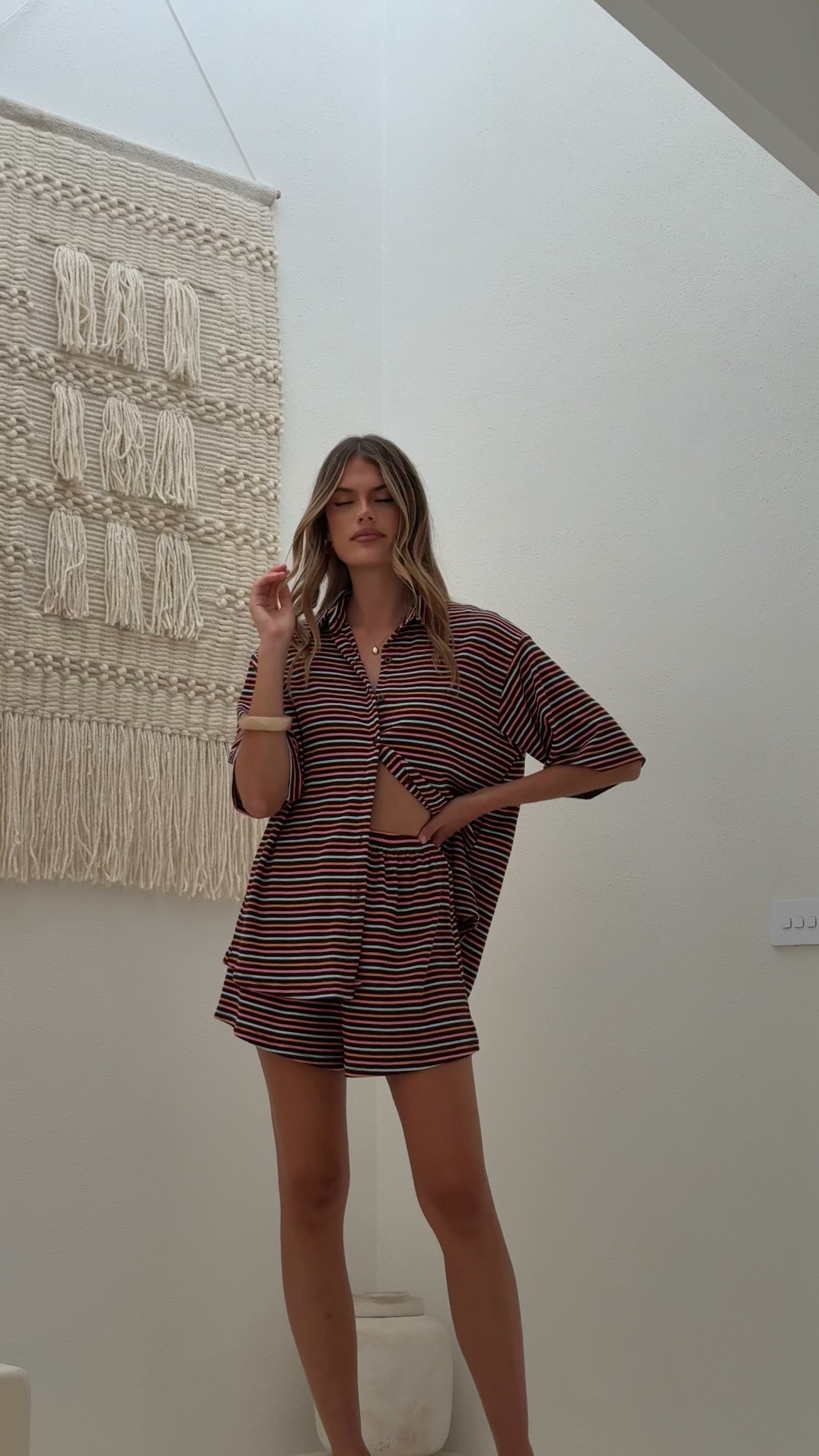Load video: Tali Button Up Shirt and Shorts Set - Brown/Blue Stripe - Billy J