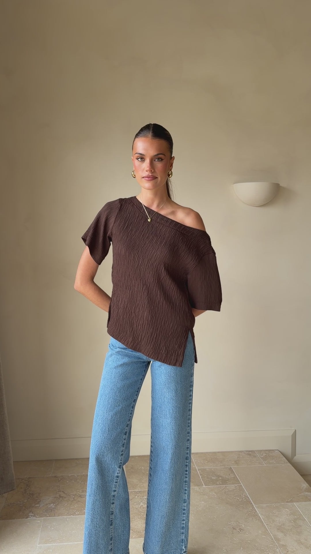 Load video: Aziel Off Shoulder Tee - Chocolate - Billy J