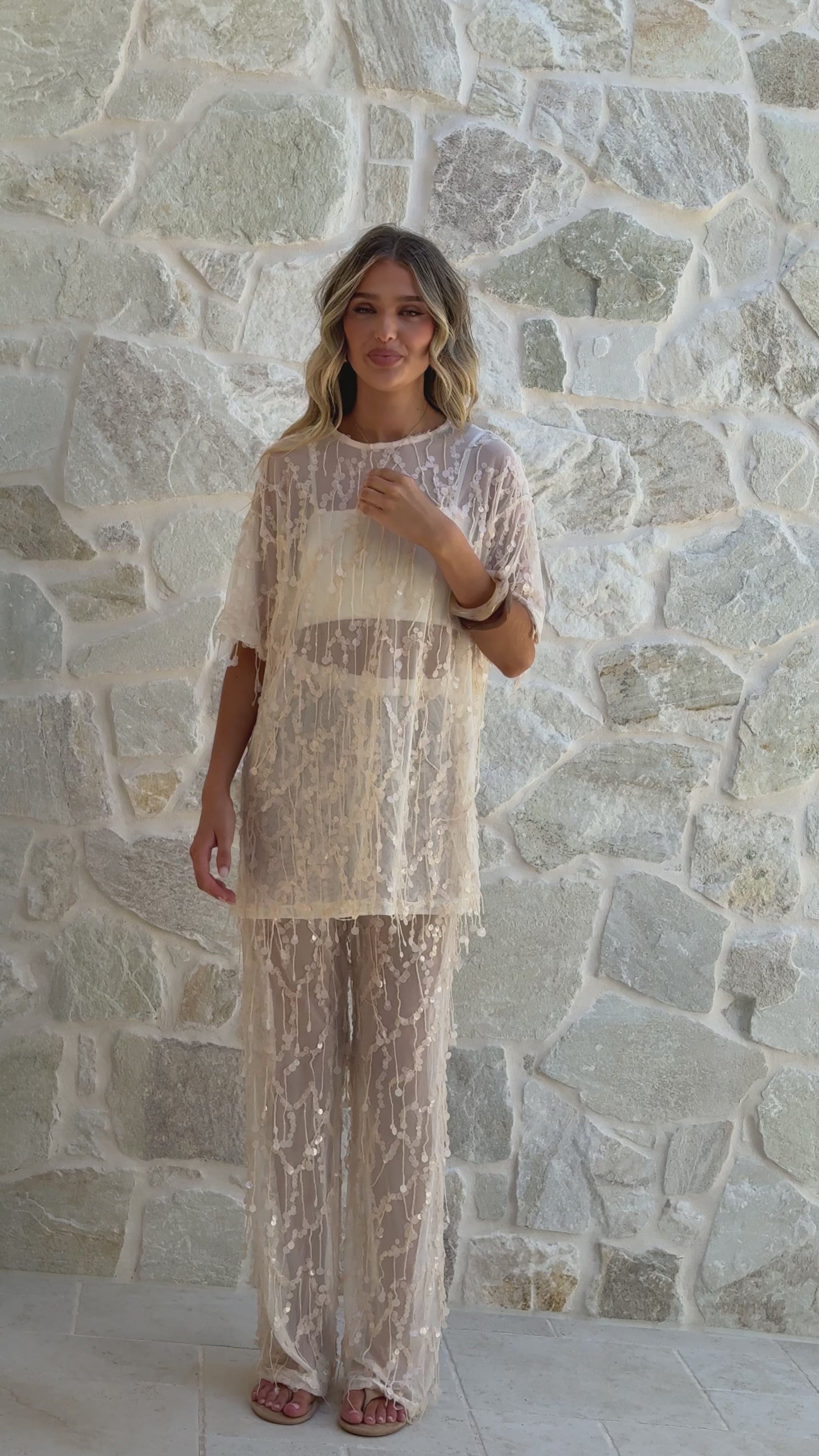 Zabby Sequin Oversized T-Shirt - Beige - Billy J