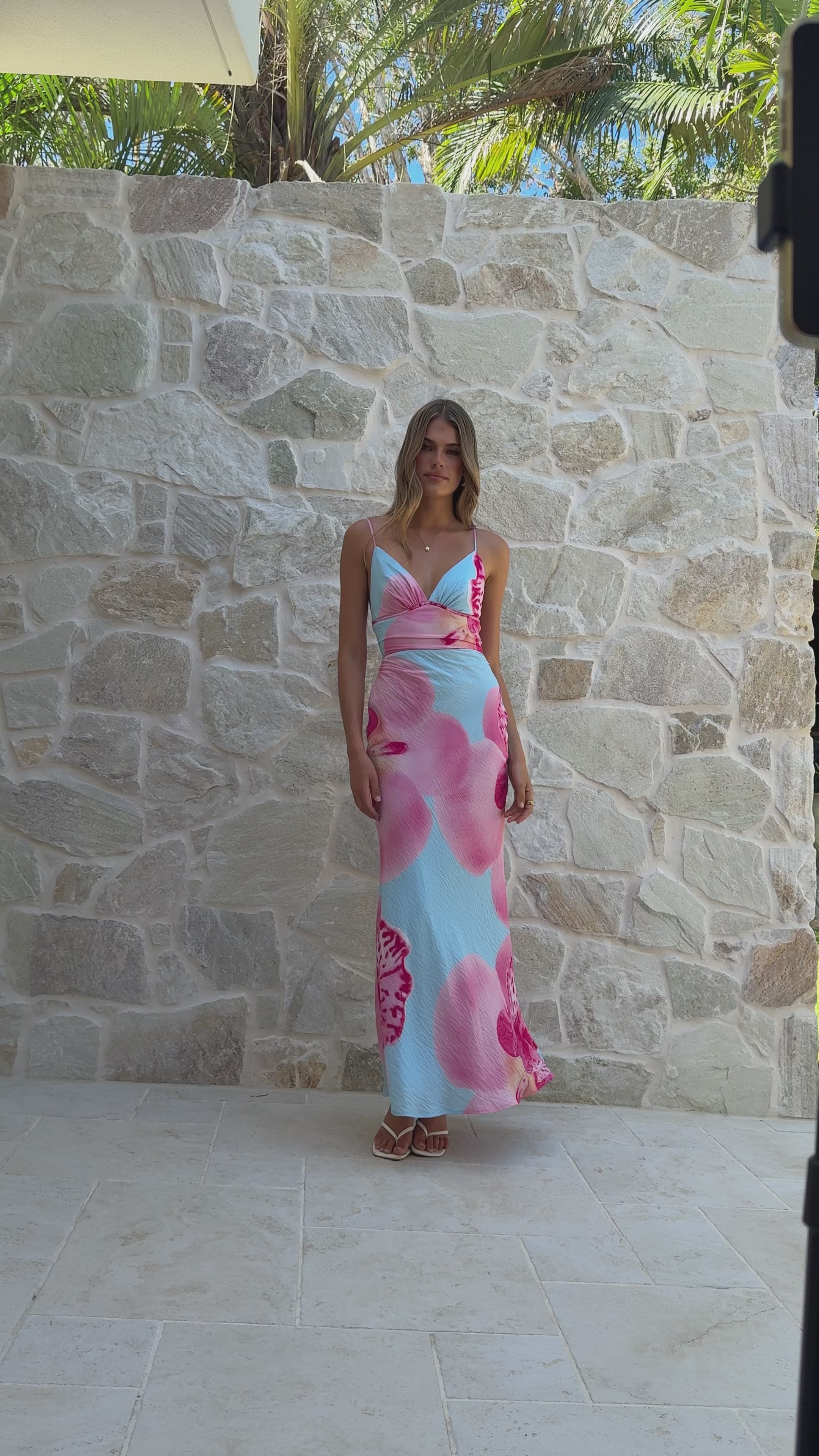 Load video: Scarlet Maxi Dress - Blue/Pink Floral - Billy J