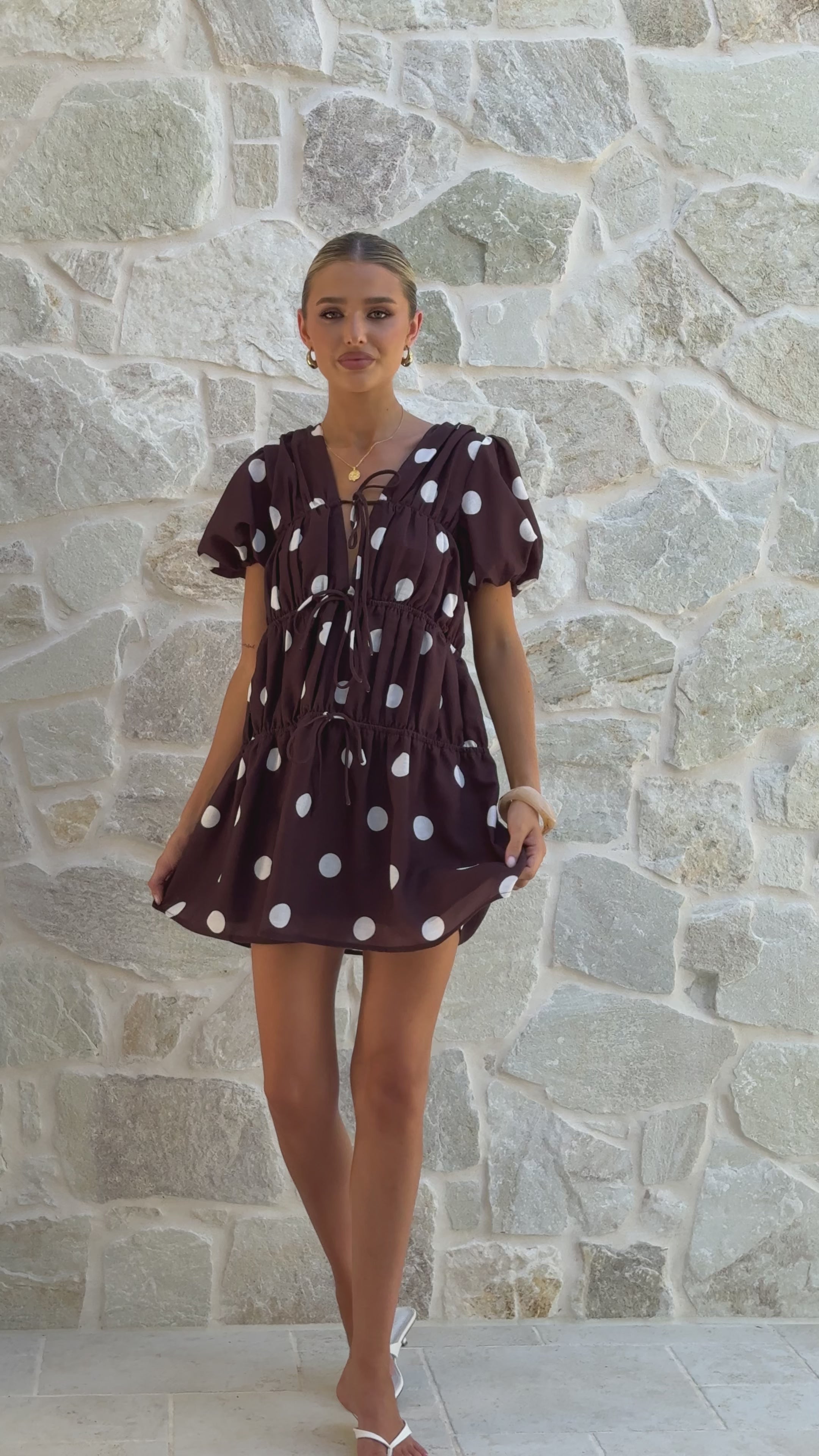 Load video: Alina Mini Dress - Chocolate/White Polka - Billy J