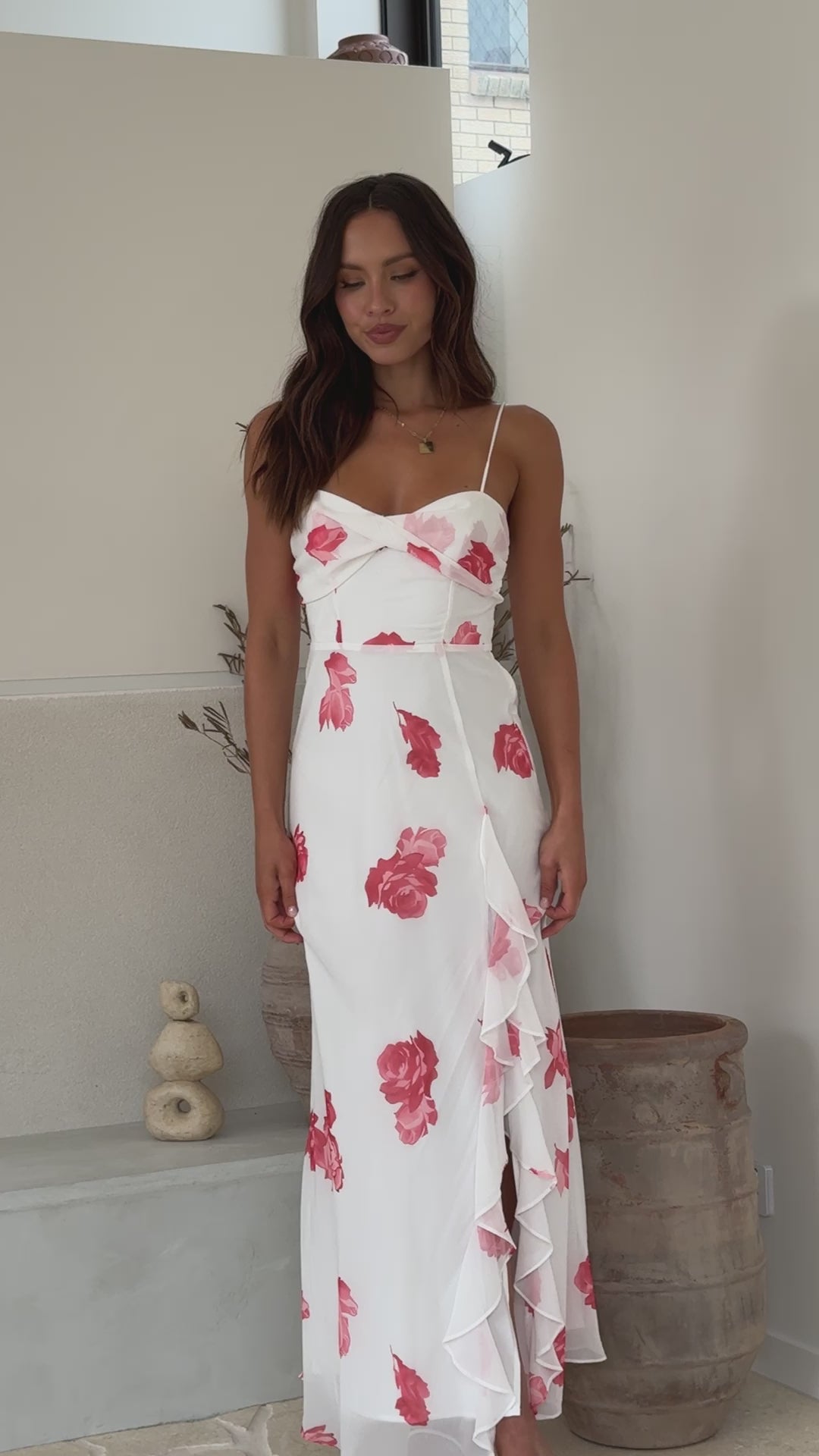 Nylah Midi Dress - White/Red Floral