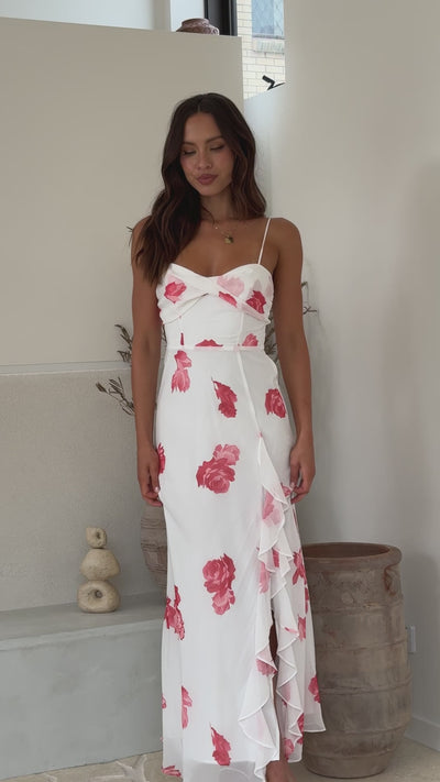 Load and play video in Gallery viewer, Nylah Midi Dress - White/Red Floral
