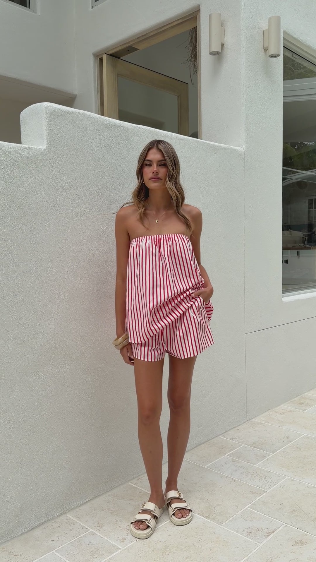 Load video: Calliope Strapless Top and Shorts Set - Red/White Stripe