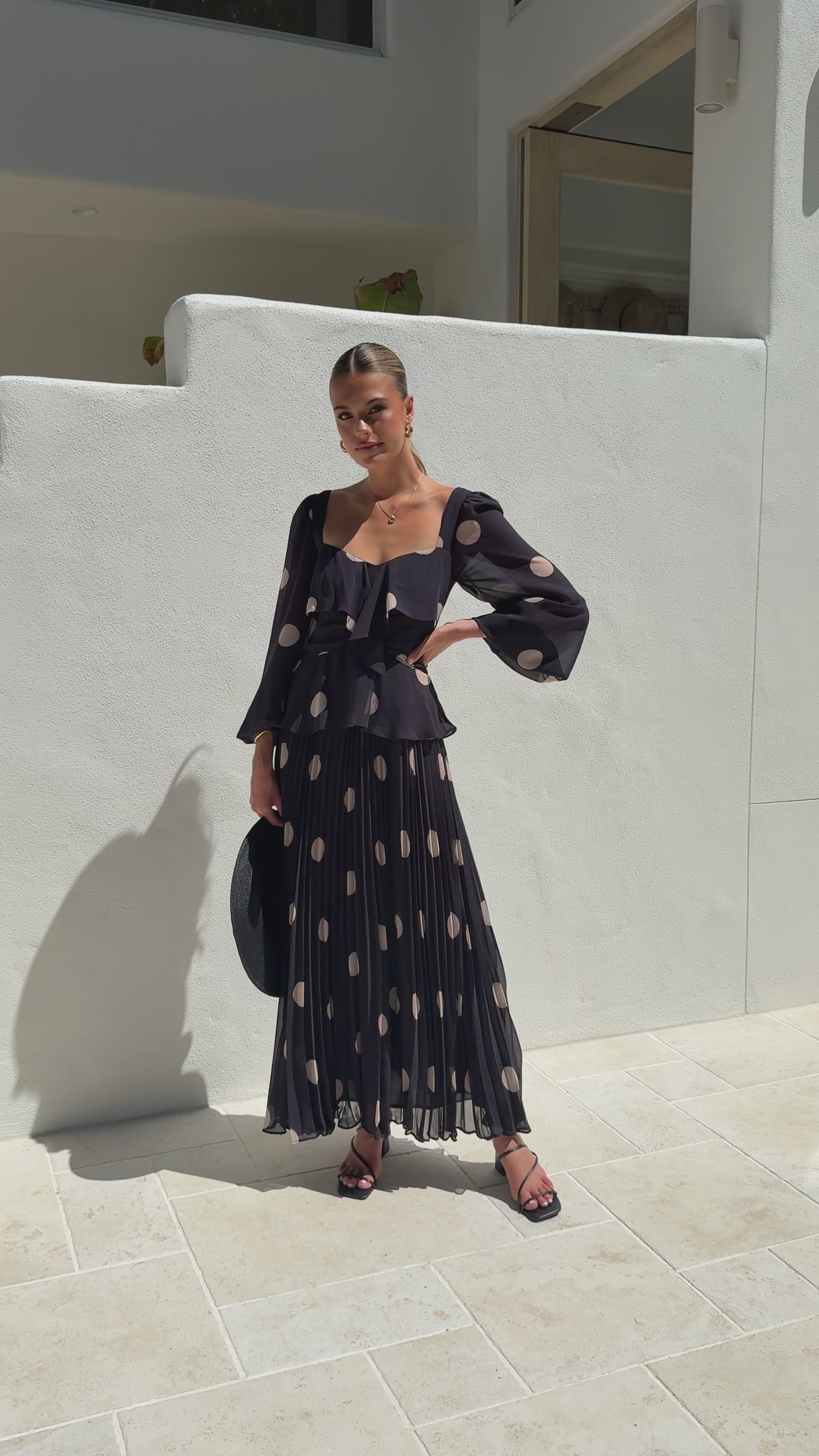 Load video: Calandra Long Sleeve Midi Dress - Black/Cream Polka - Billy J