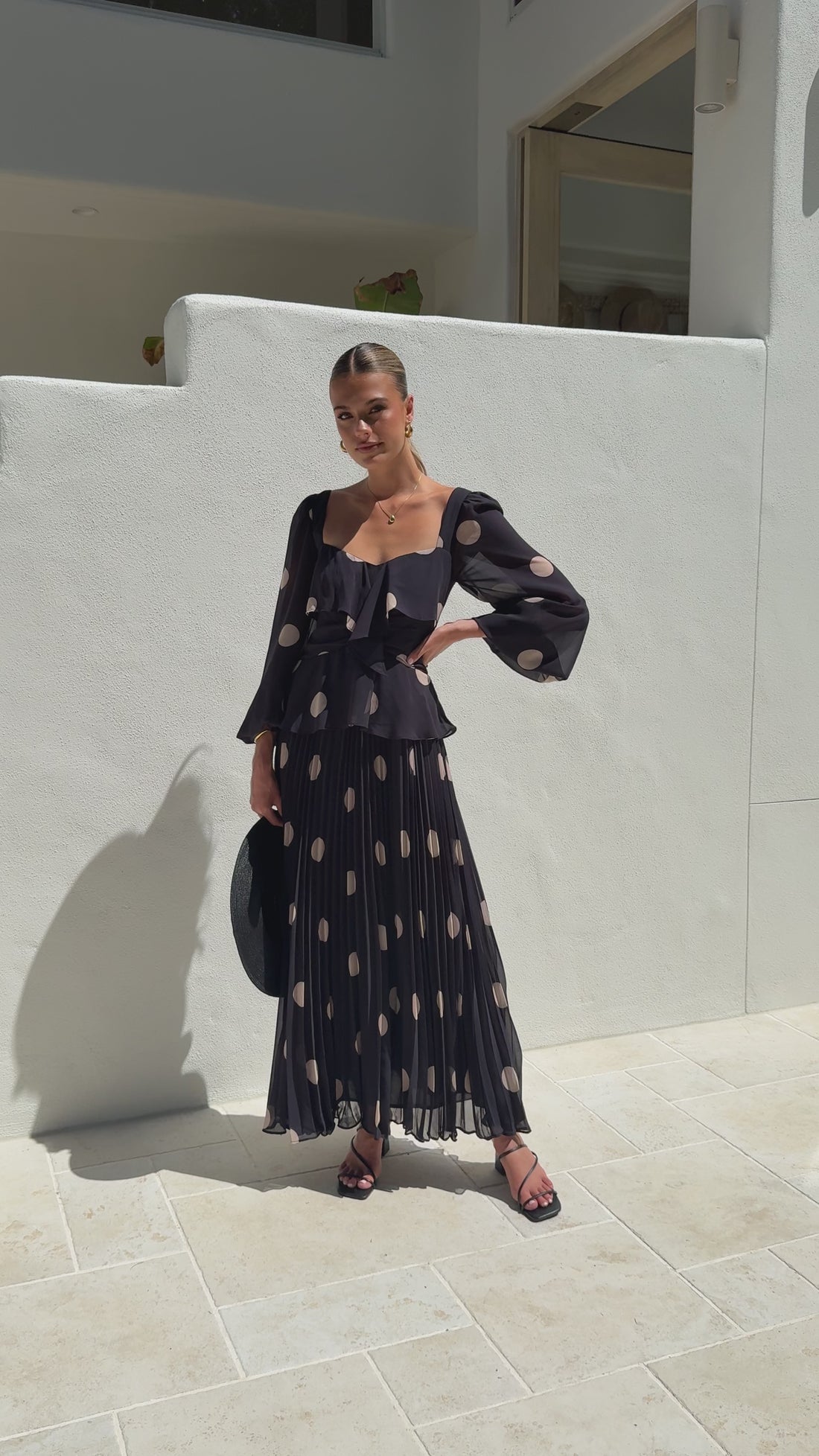 Calandra Long Sleeve Midi Dress - Black/Cream Polka - Billy J