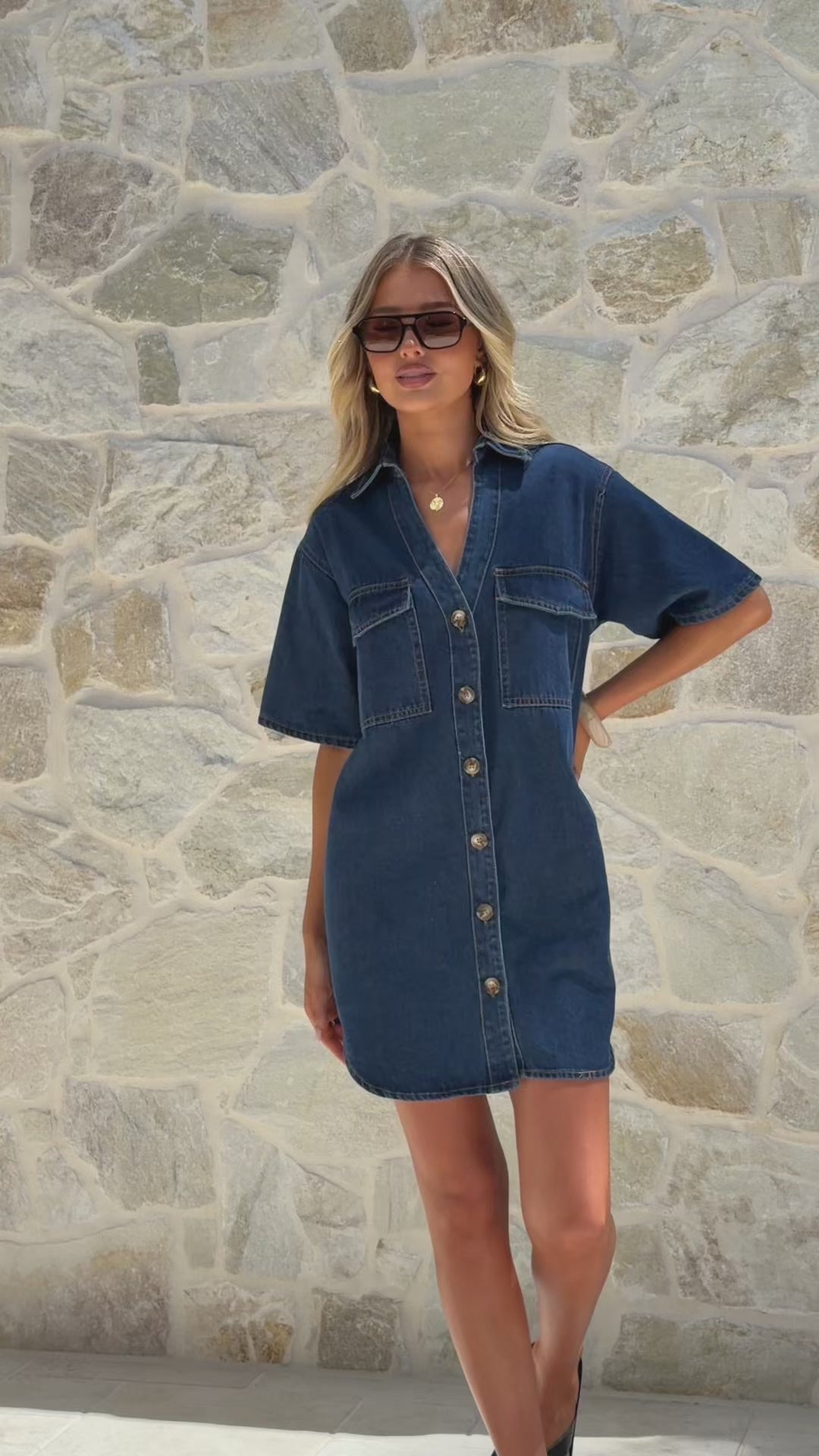 Load video: Maliha Button Up Mini Dress - Dark Denim - Billy J