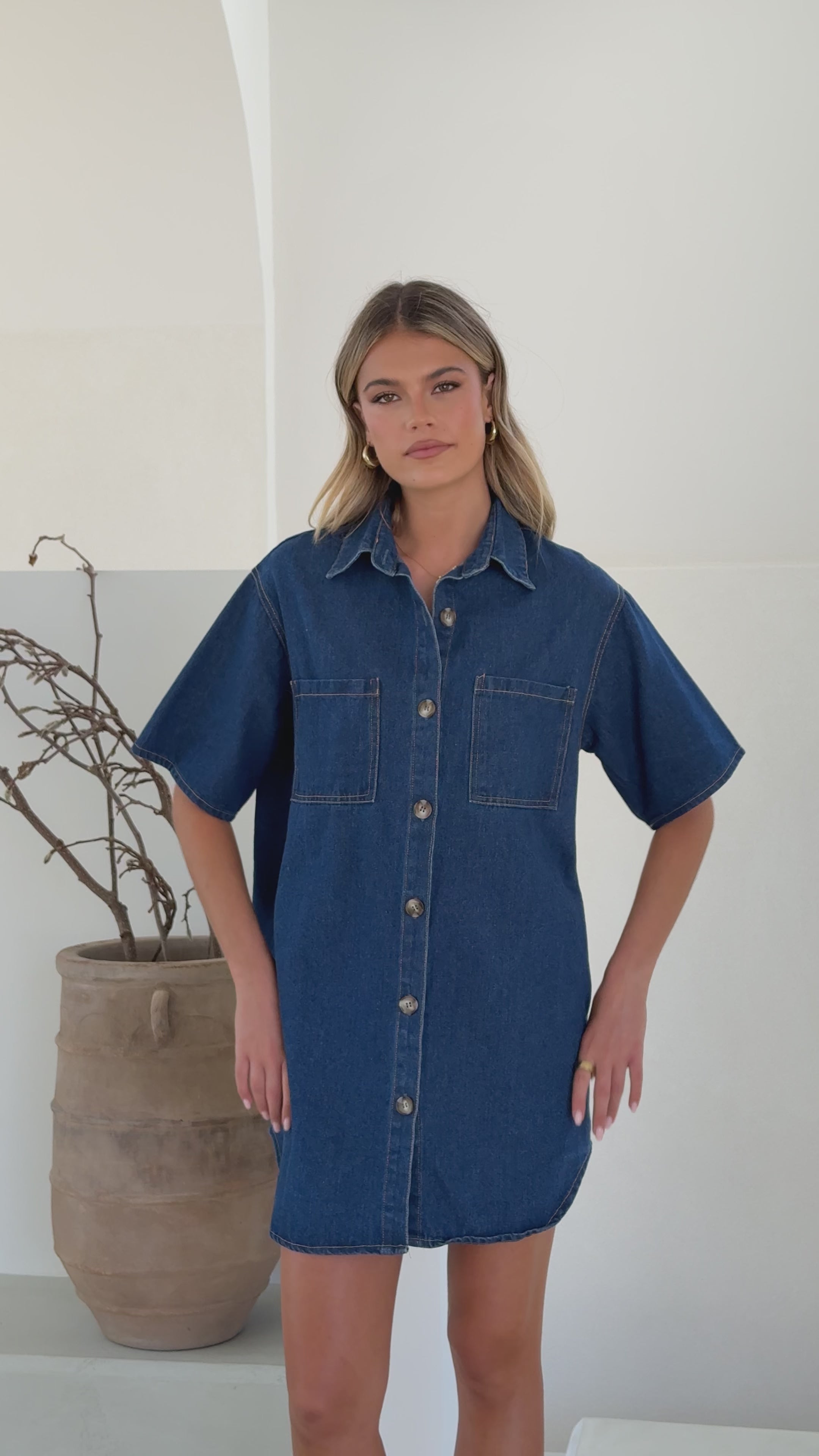 Chaney Button Up Mini Dress - Dark Denim - Billy J