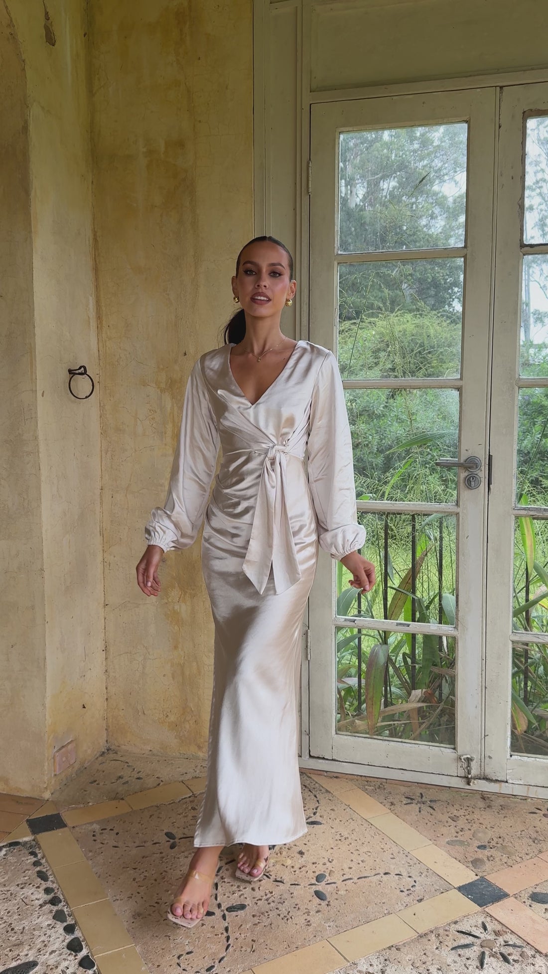 Ivy Long Sleeve Tie Front Maxi Dress - Champagne - Billy J