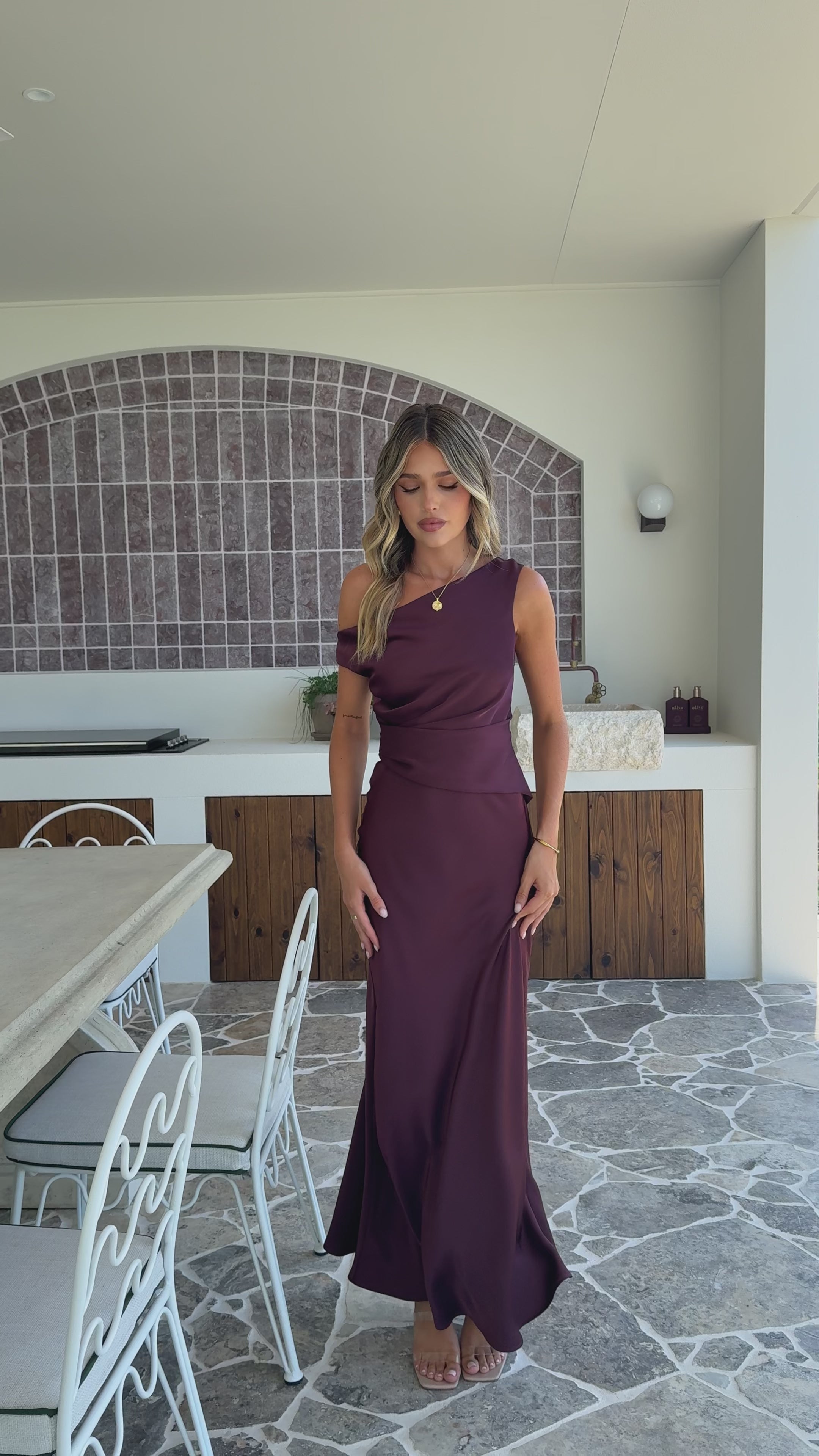 Load video: Auria Off Shoulder Maxi Dress - Chocolate - Billy J