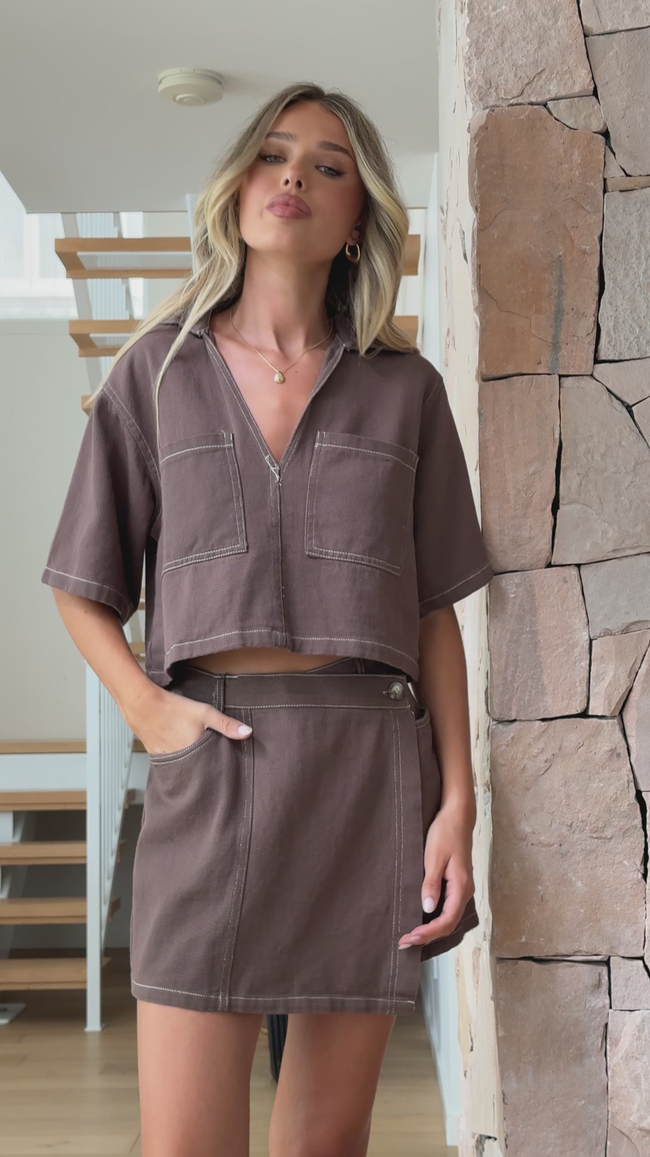 Load video: Sarina Crop Top and Skort Set - Chocolate - Billy J