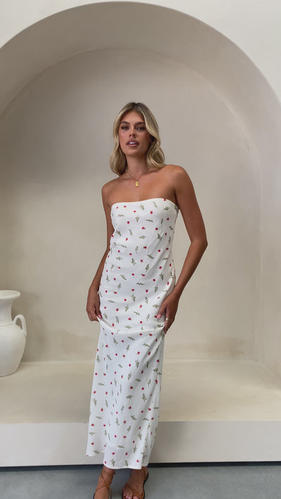Load and play video in Gallery viewer, Blair Strapless Maxi Dress - Red / Green Floral
