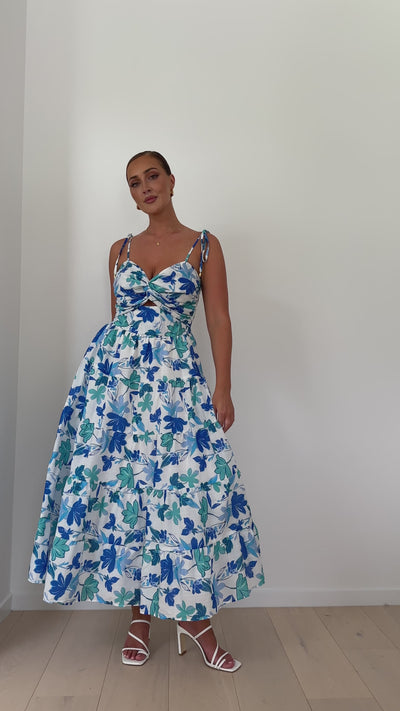 Load and play video in Gallery viewer, Zafirah Maxi Dress - Blue / Green Floral
