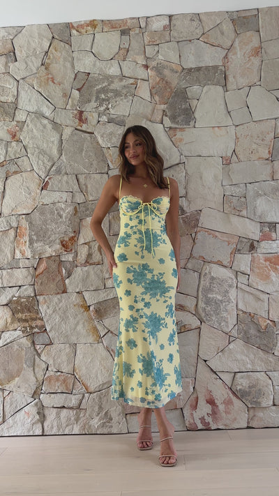 Load and play video in Gallery viewer, Electra Maxi Dress - Yellow/Blue Floral
