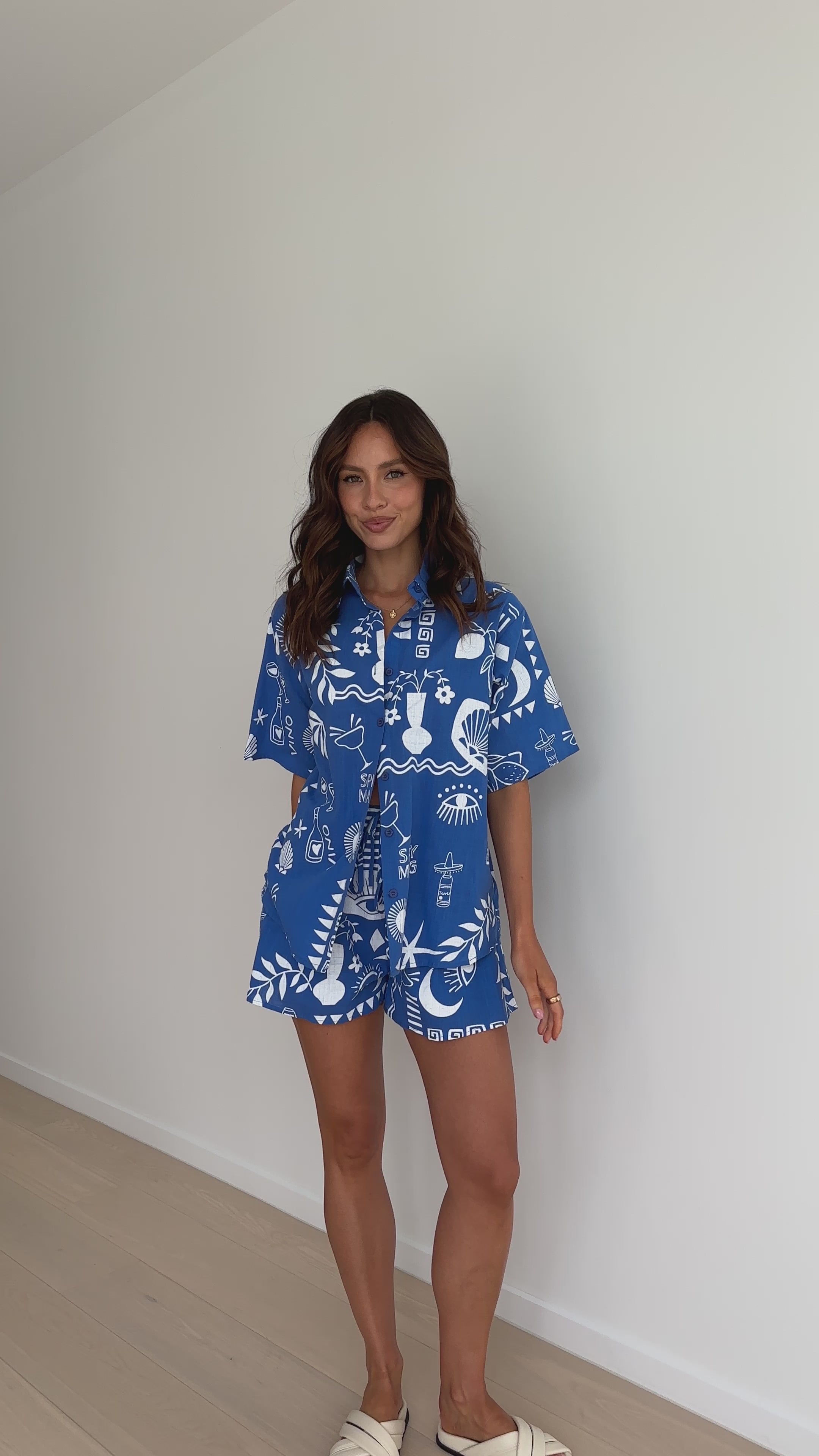 Charli Button Up Shirt and Shorts Set - Blue/White Spicy Marg