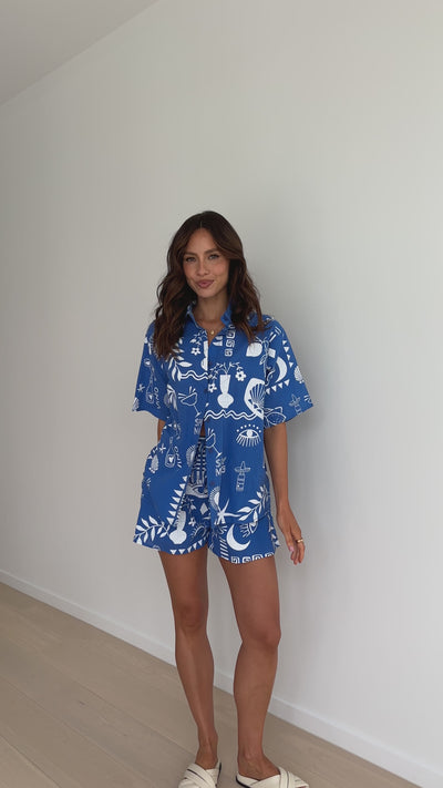 Load and play video in Gallery viewer, Charli Button Up Shirt and Shorts Set - Blue/White Spicy Marg
