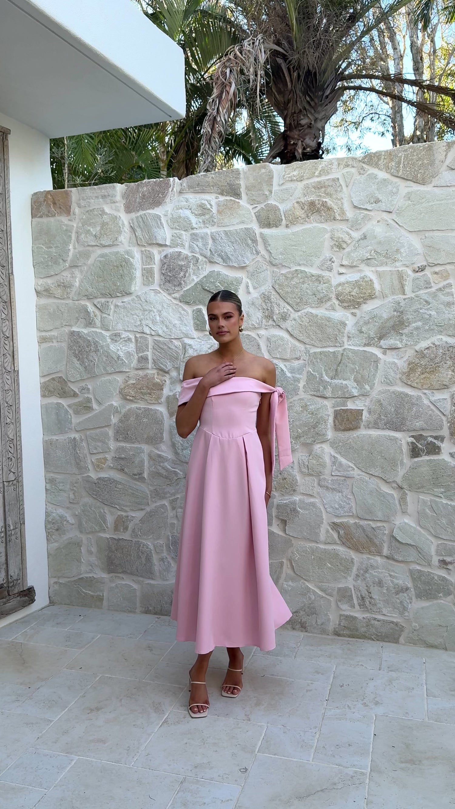 Bentley Off Shoulder Midi Dress - Pink - Billy J