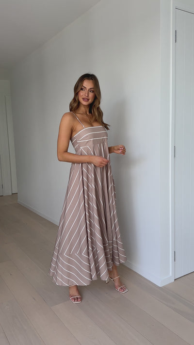 Load and play video in Gallery viewer, Kaethe Maxi Dress - Camel / White Stripe
