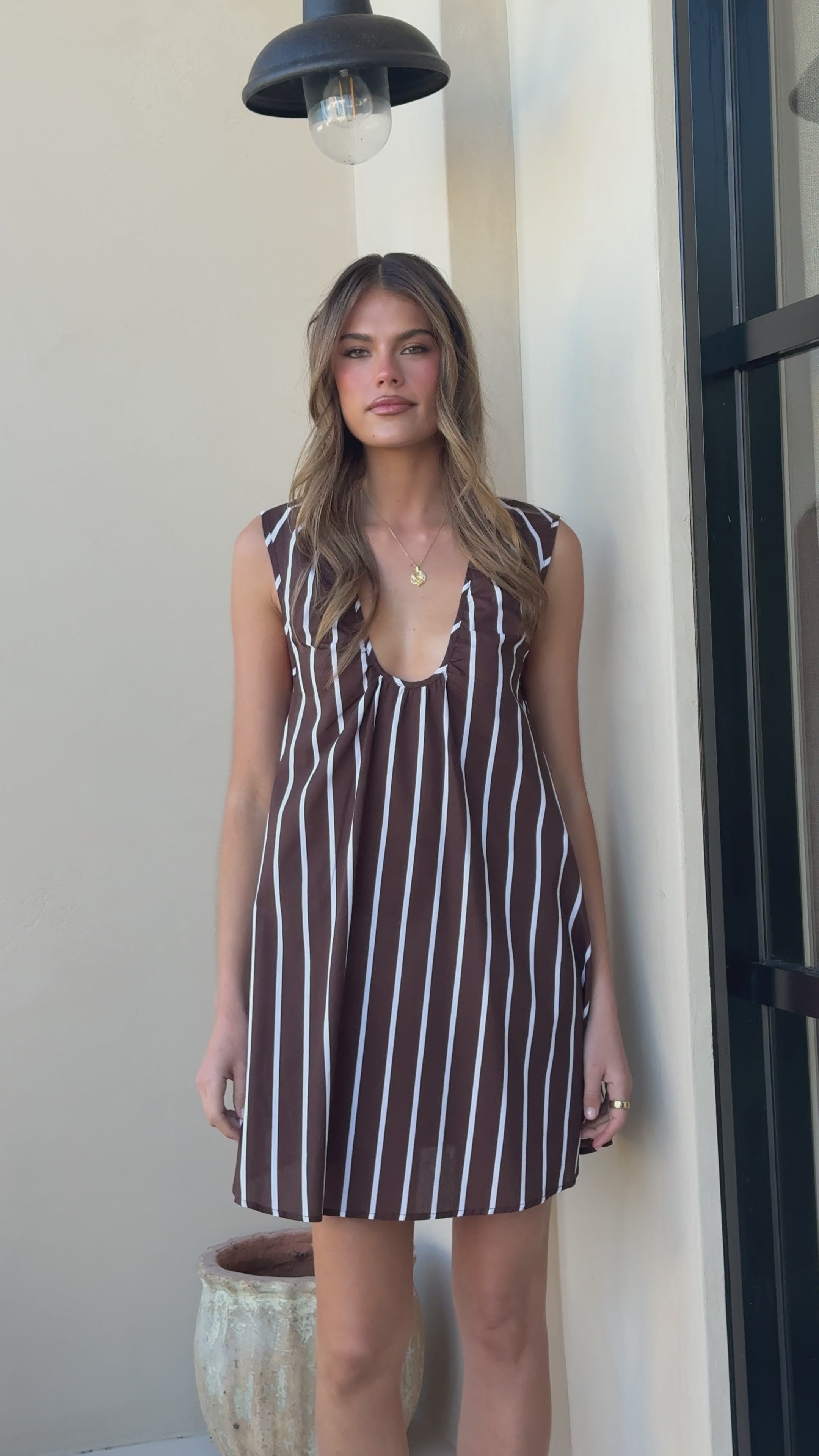 Load video: Vanessa Oversized Mini Dress - Brown Stripe - Billy J