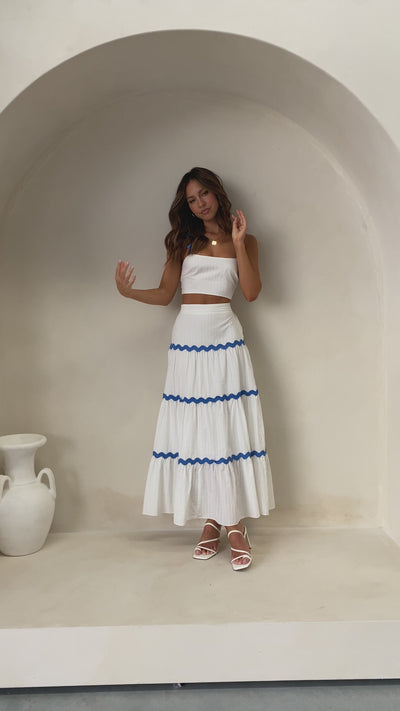 Load and play video in Gallery viewer, Lys Top and Maxi Skirt Set - White / Blue
