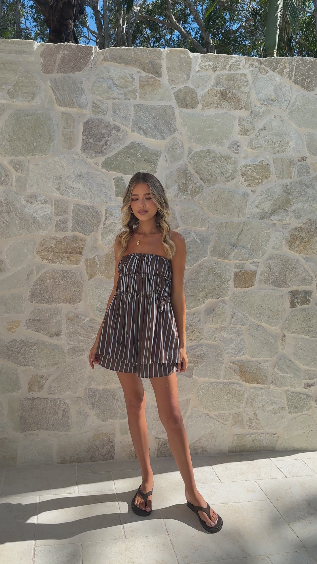 Kamala Strapless Cinch Top and Shorts Set - Chocolate/Blue Stripe - Billy J