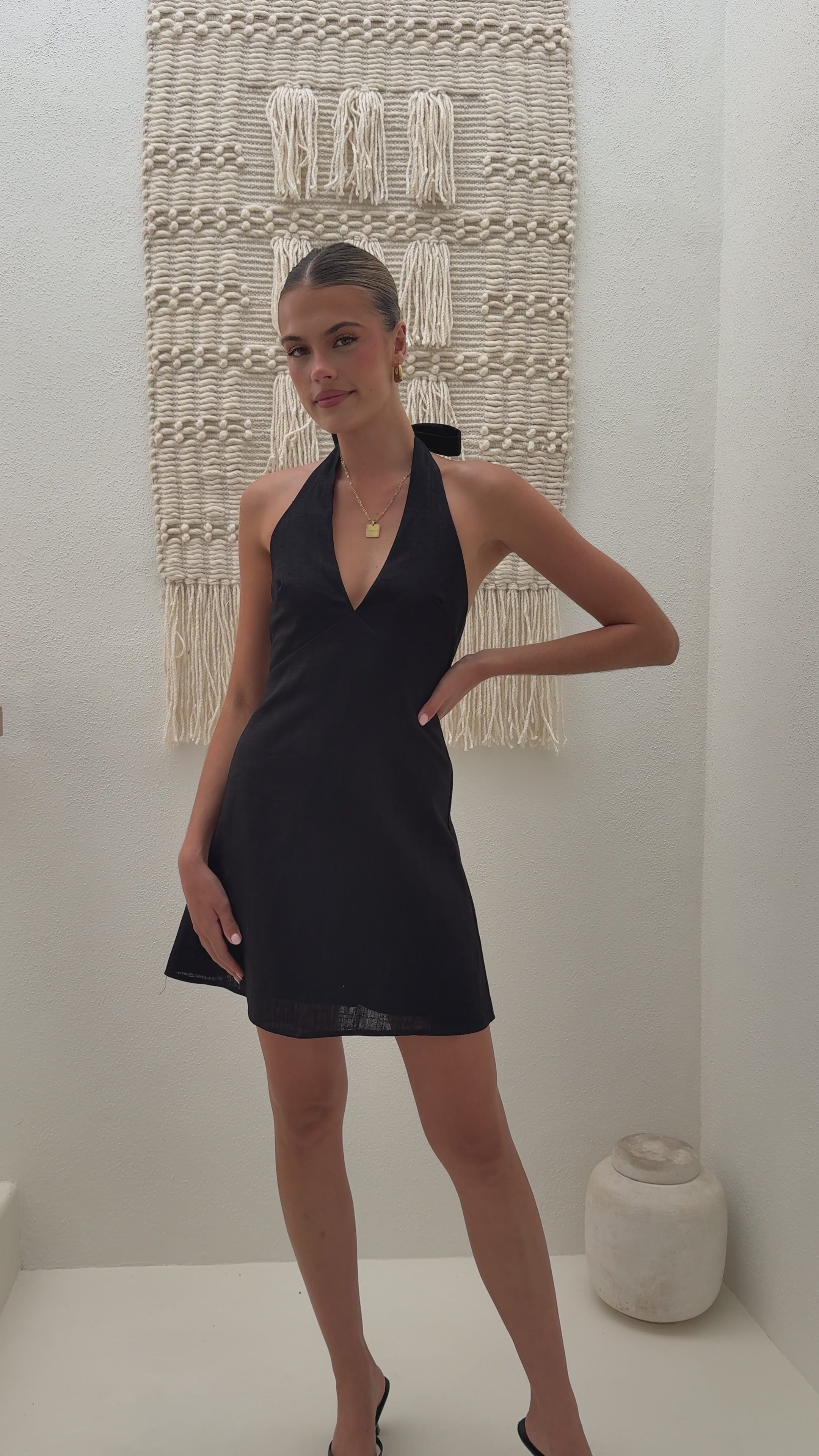 Load video: Wenona Halter Neck Mini Dress - Black - Billy J