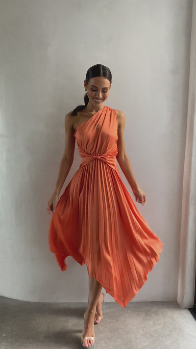 Load and play video in Gallery viewer, Cali One Shoulder Midi Dress - Melon
