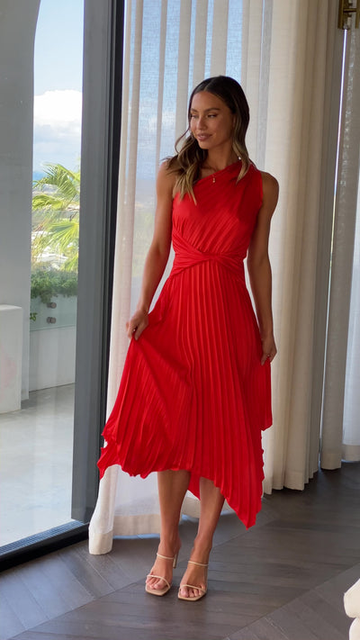 Load and play video in Gallery viewer, Cali One Shoulder Midi Dress - Red
