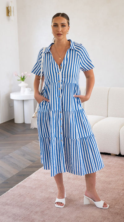 Load image into Gallery viewer, Pippa Midi Dress - Blue Stripe - Billy J
