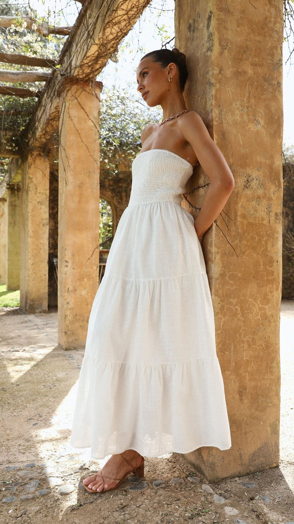 White Maxi Dress - Cotton Eyelet Dress - Strapless Smocked Dress