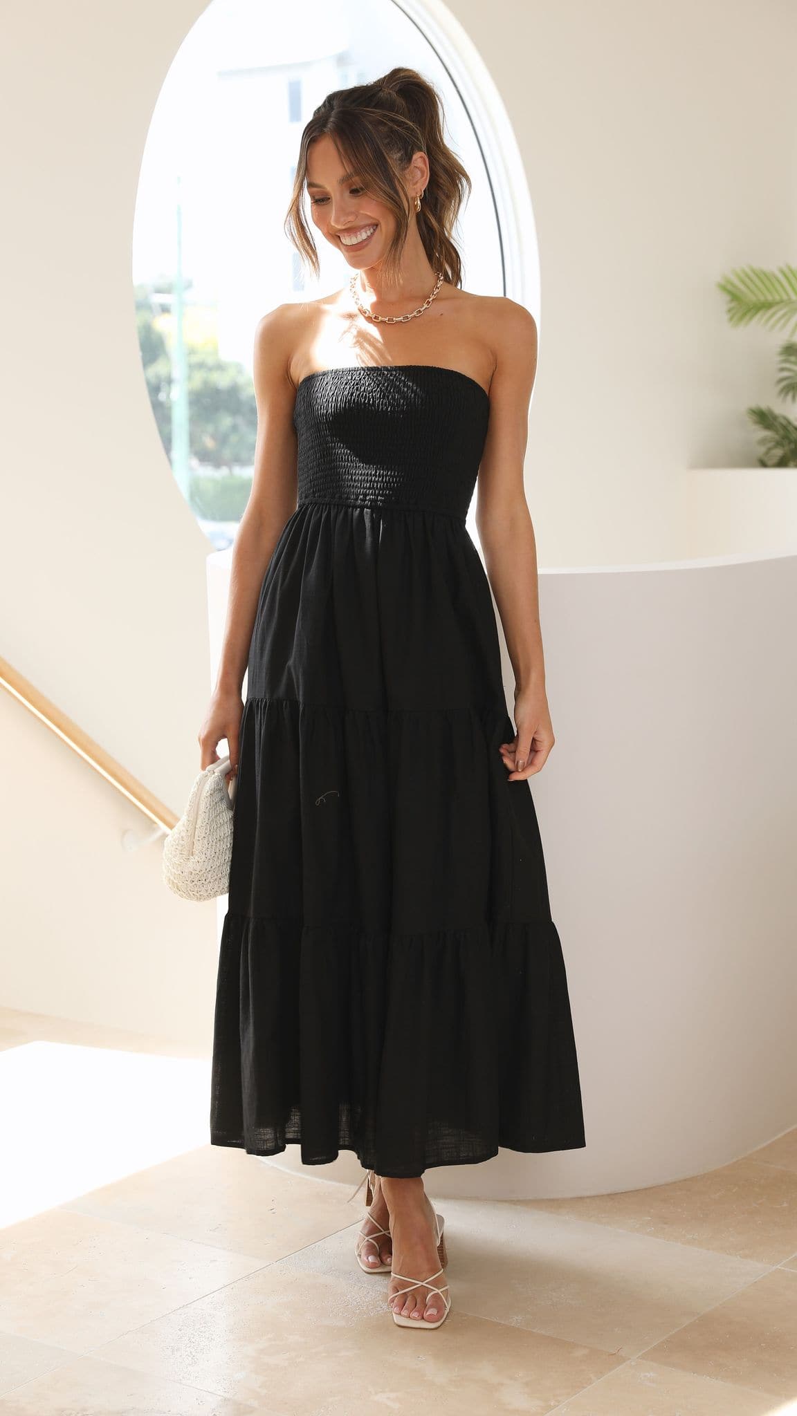 Smocked Bust Cotton Maxi Dress - Black