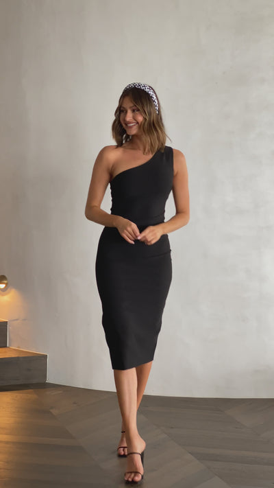 Load and play video in Gallery viewer, Alvara One Shoulder Midi Dress - Black
