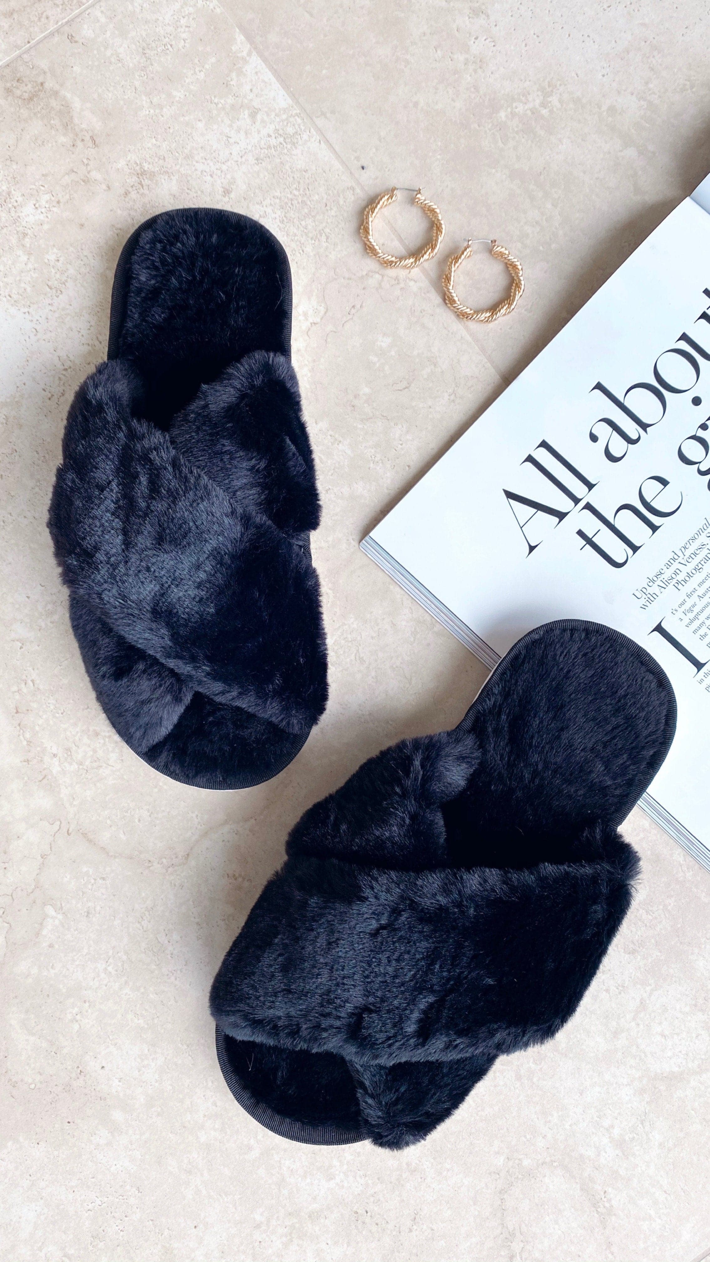 Jessica Fluffy Slippers - Black - Billy J