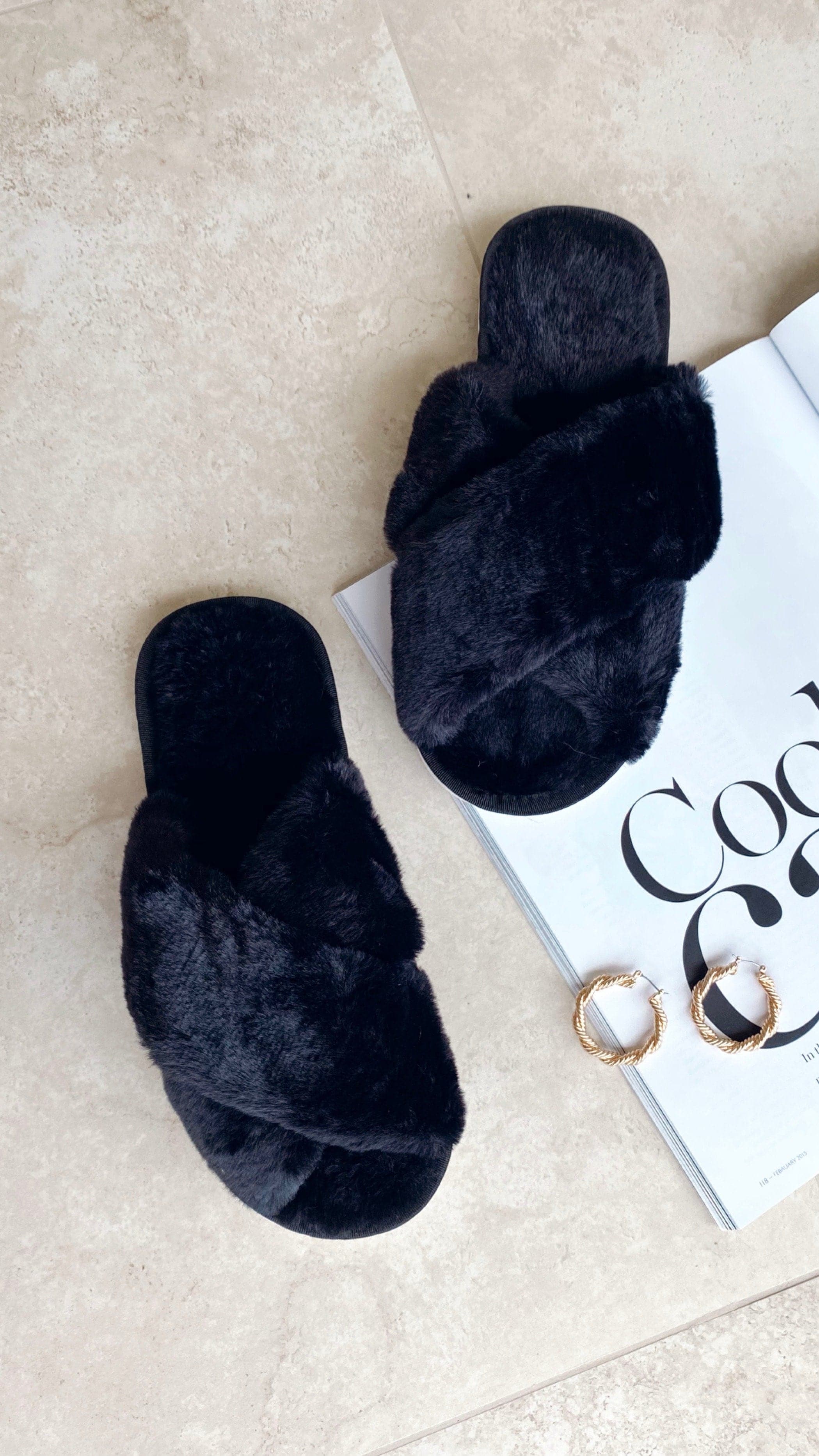 Jessica Fluffy Slippers - Black - Billy J
