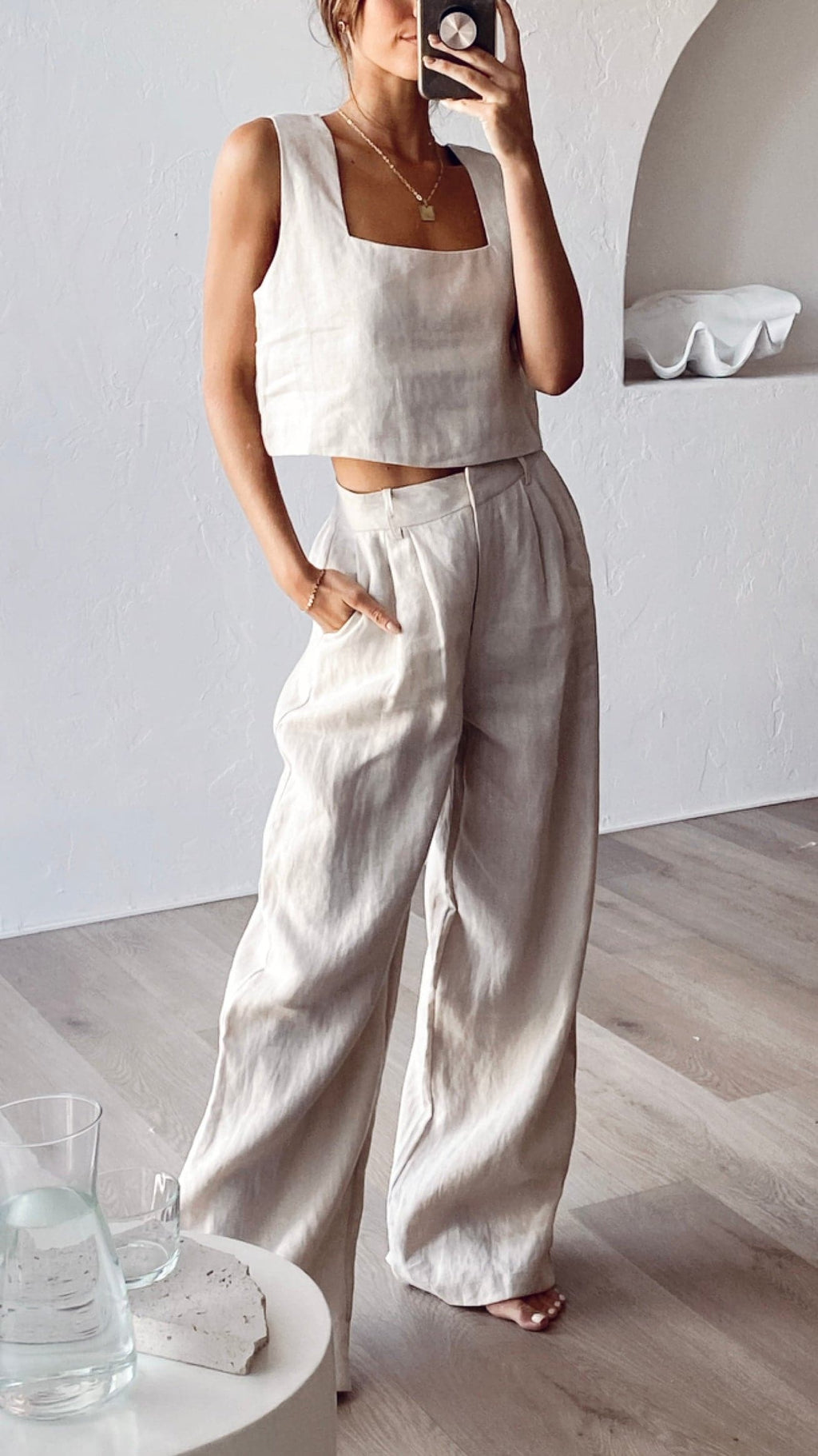 Salvador Two Piece Set - Linen Look Sleeveless Crop Top and High Waisted  Tailored Shorts in Oatmeal